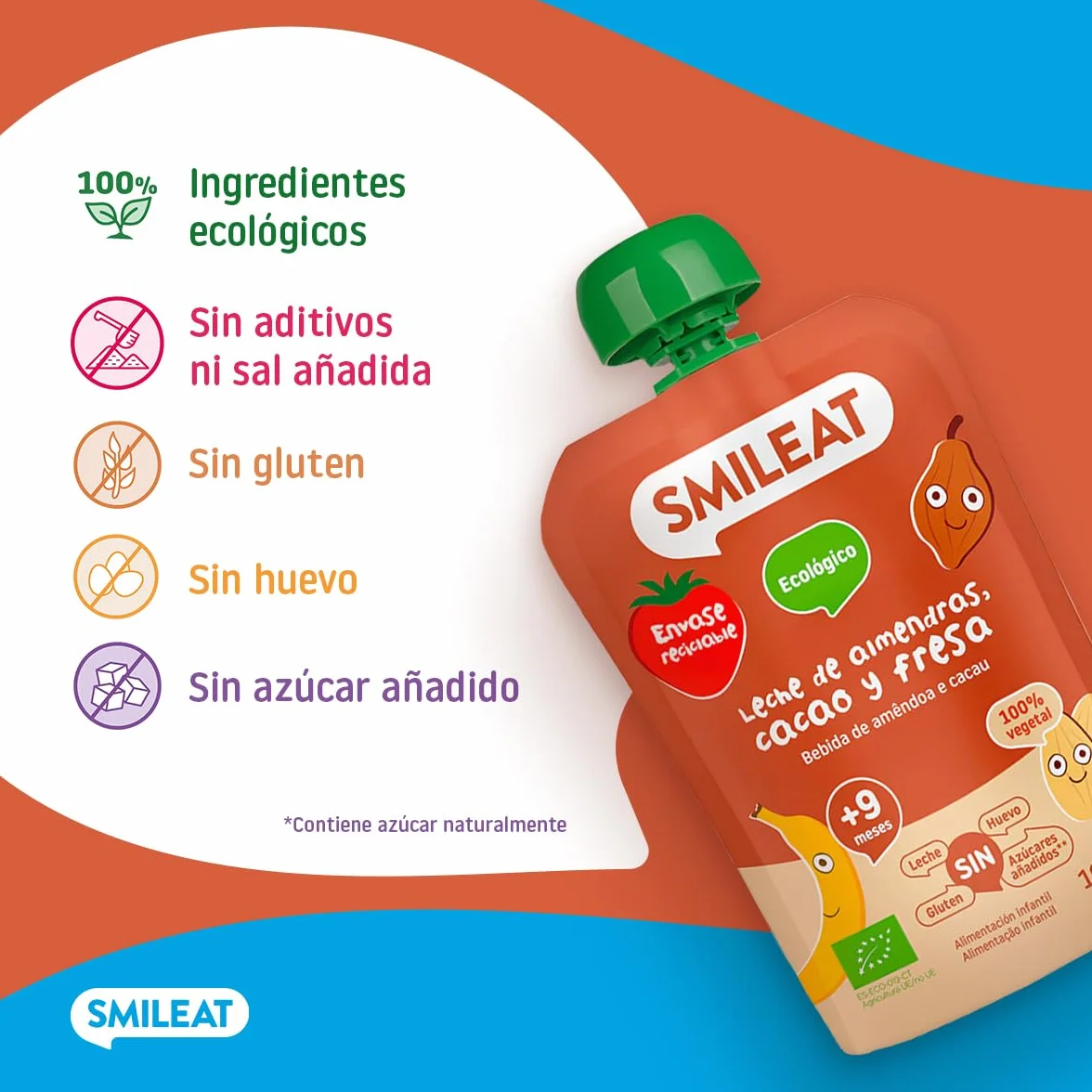 Smileat Pouch de Frutas Ecológicas Sin Sal ni Azúcar Añadido Sin Gluten Snack Práctico para Peques Sabor a Leche de Almendras Cacao y Fresa
