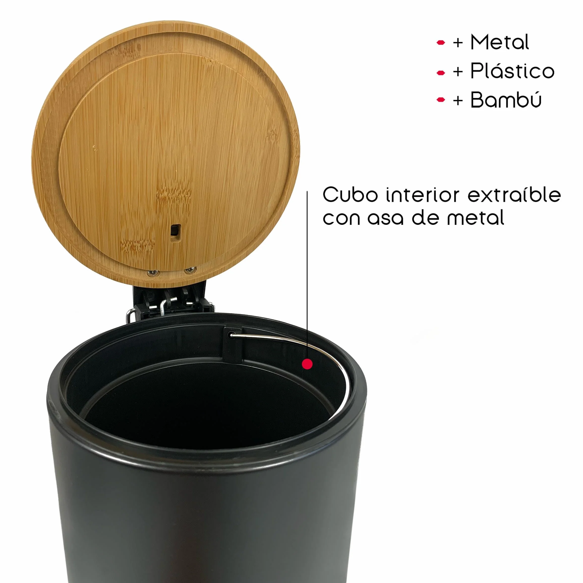 Papelera de Metal con Tapa de Bambu 3L 17x22.5x23.5 cm Cubo de Basura Pequeño con Pedal Negro