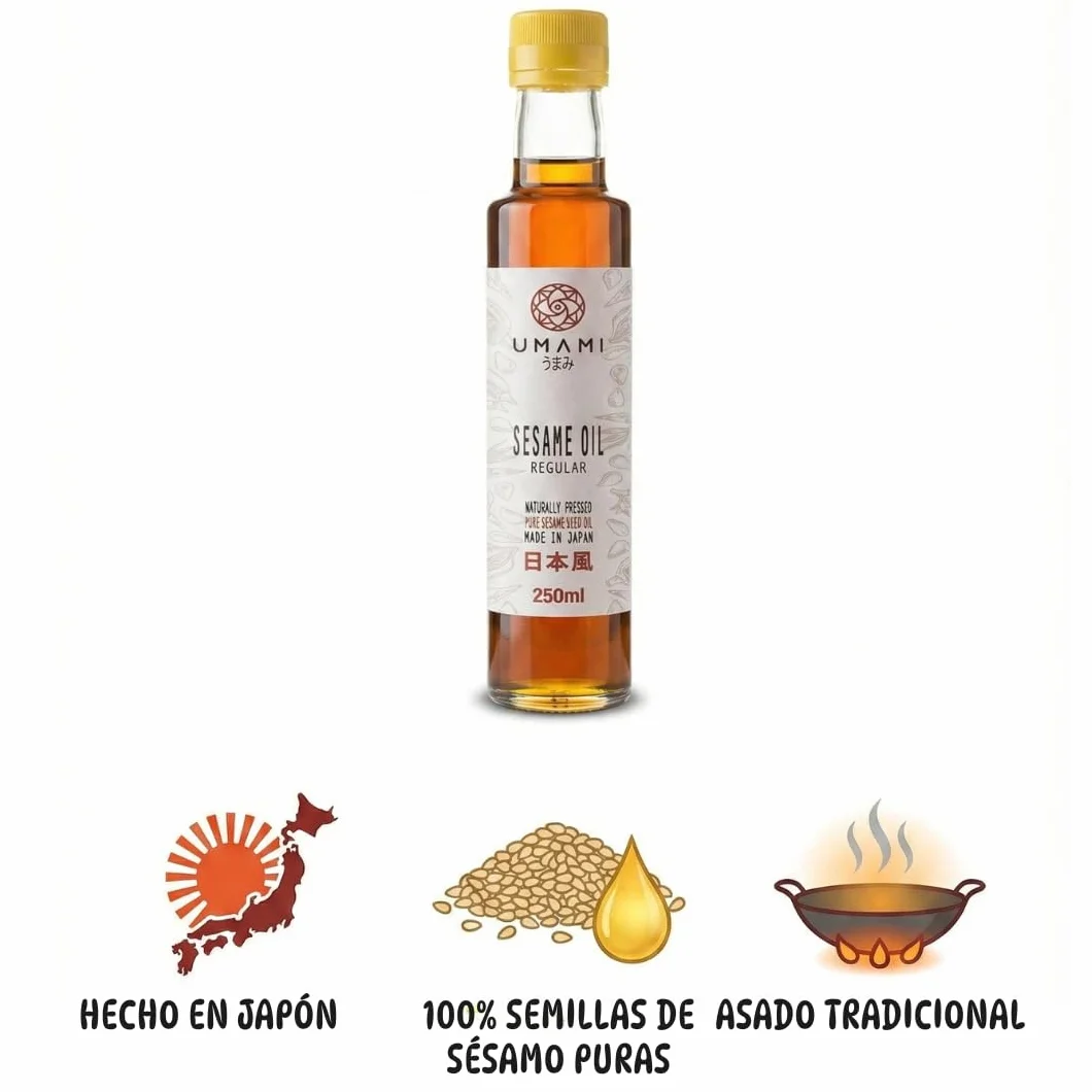 Umami Aceite de Sésamo Tostado 250ml 100% Puro Natural Producido en Japón para Wok Ramen Sushi Ensaladas