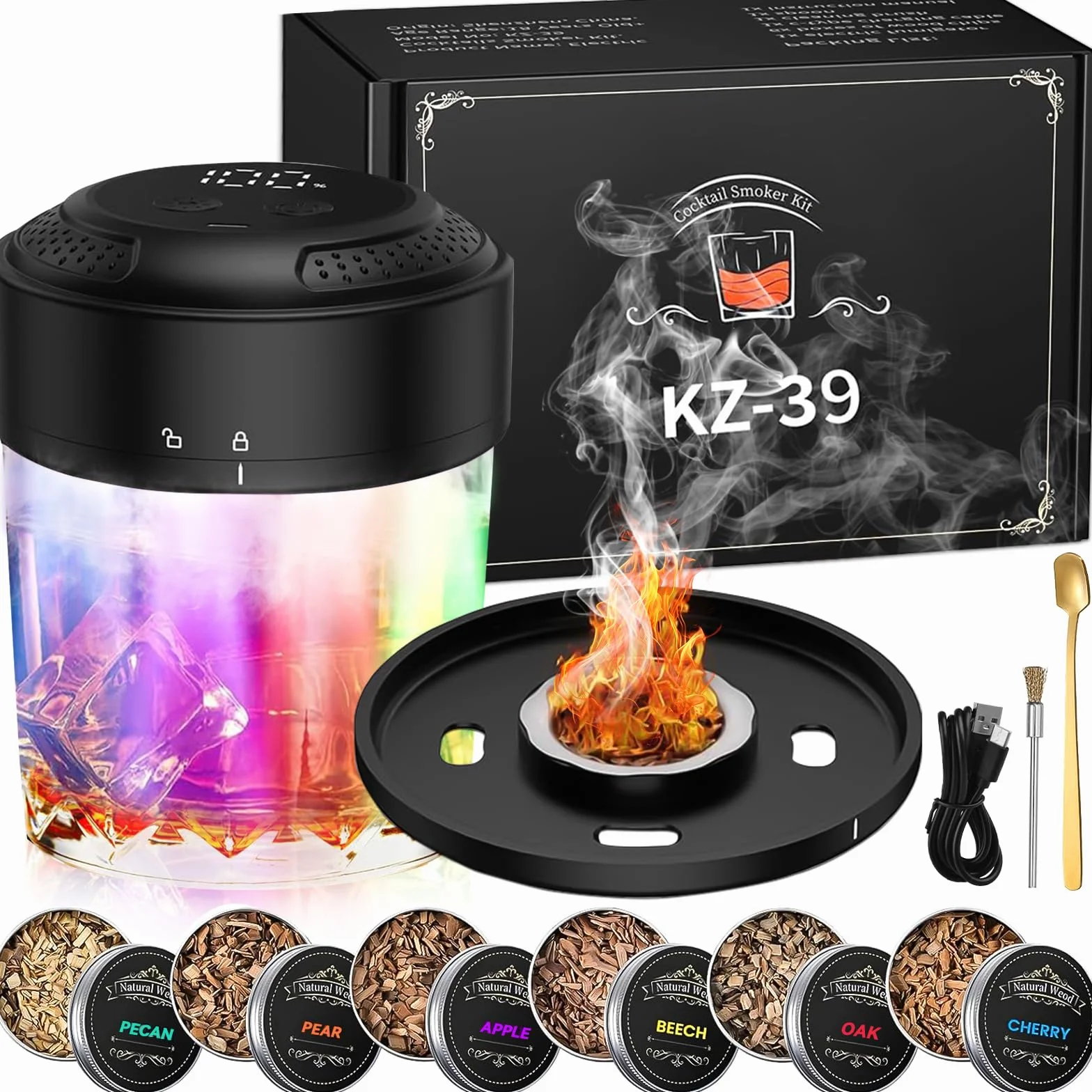 Ahumador Eléctrico de Whisky, Kit Ahumador de Cócteles con Pantalla LED y USB-C Recargable - Set con 6 Maderas Naturales