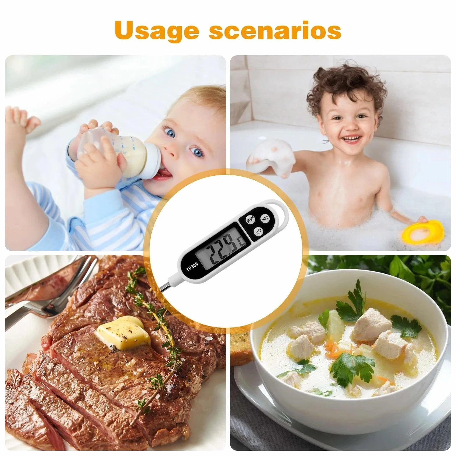 Termometro Cocina Digital con 3 Segundos Lectura Instantánea, Pantalla LCD Retroiluminada y Calibración, Termometro Carne para BBQ, Comida, Leche, Agua, Caramelo y Líquido