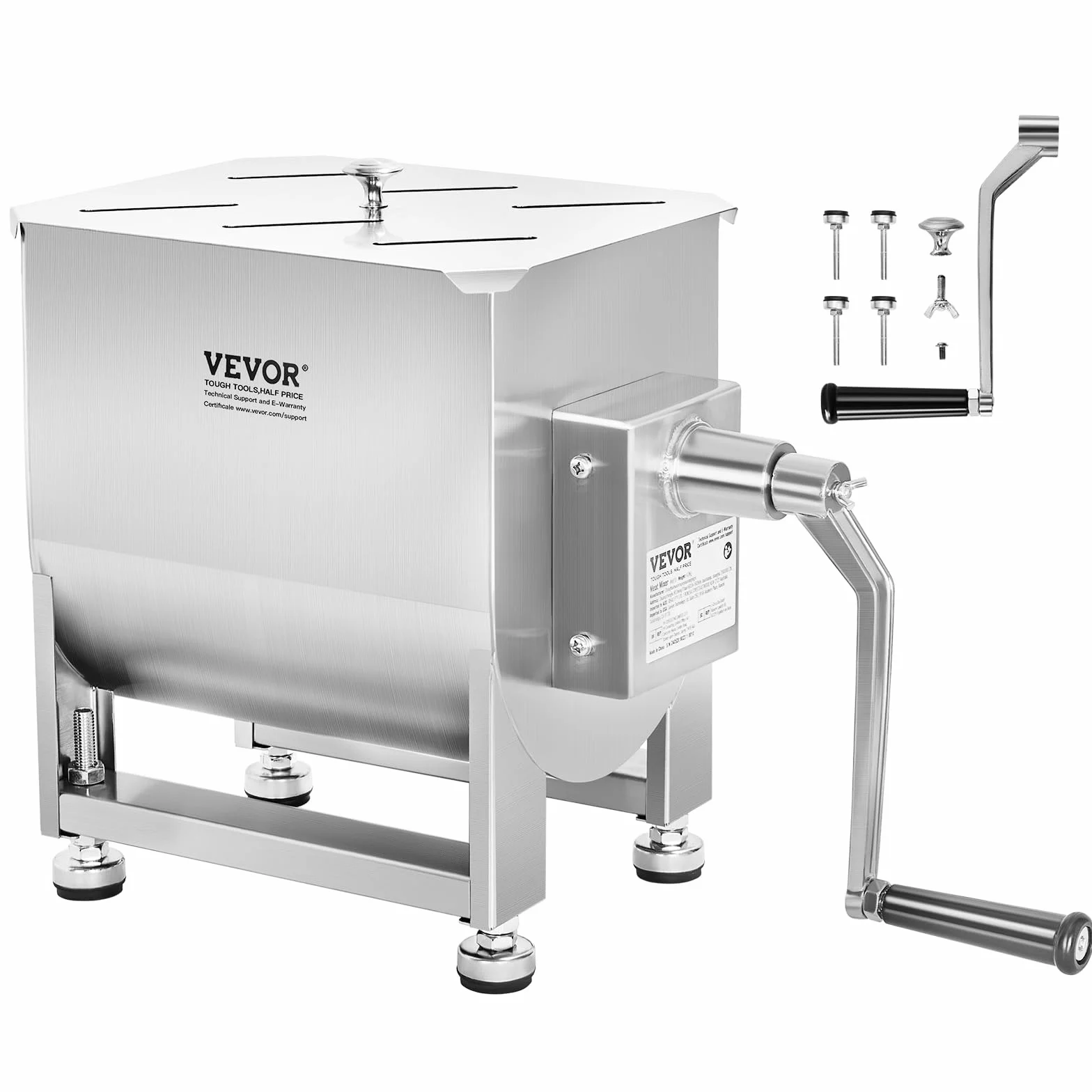 VEVOR Mezcladora de Carne Manual Tanque de 40 L, Equipo de Procesamiento de Carne, Capacidad Máxima de Mezcla de 27,2 kg, Mezcladora de Salchichas de Acero Inoxidable con Tapa, Caja de Engranajes