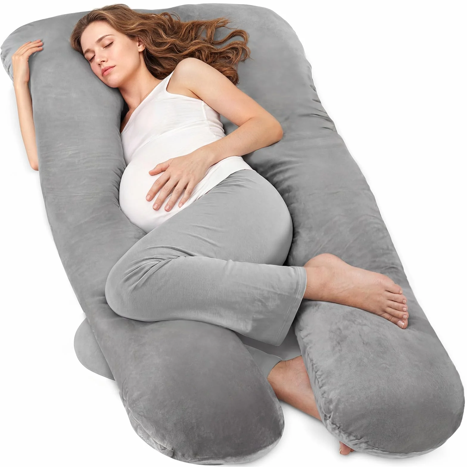Almohada Embarazada Dormir en Forma de U, Cojin Embarazo Soporte Espalda Caderas Piernas Funda Terciopelo Lavable Gris