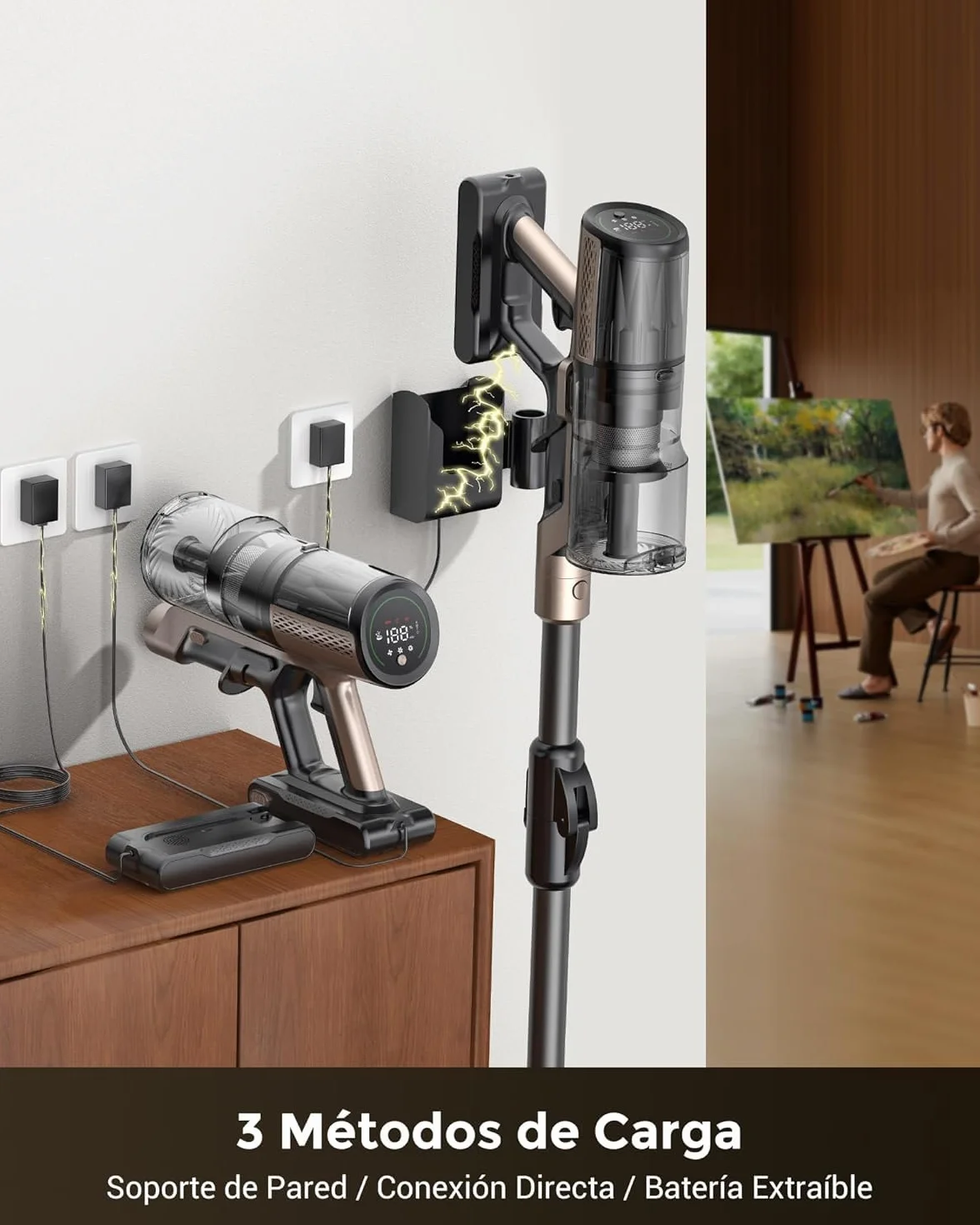 Proscenic P20+ Aspiradora fregadora sin Cable 70Mins/70kPa/680W, Autoportante y Plegable, con Cepillo Anti-Enredo y Depósito de Agua, Escoba Aspiradora sin Cable para Pelo de Mascotas/Suelos/Alfombras