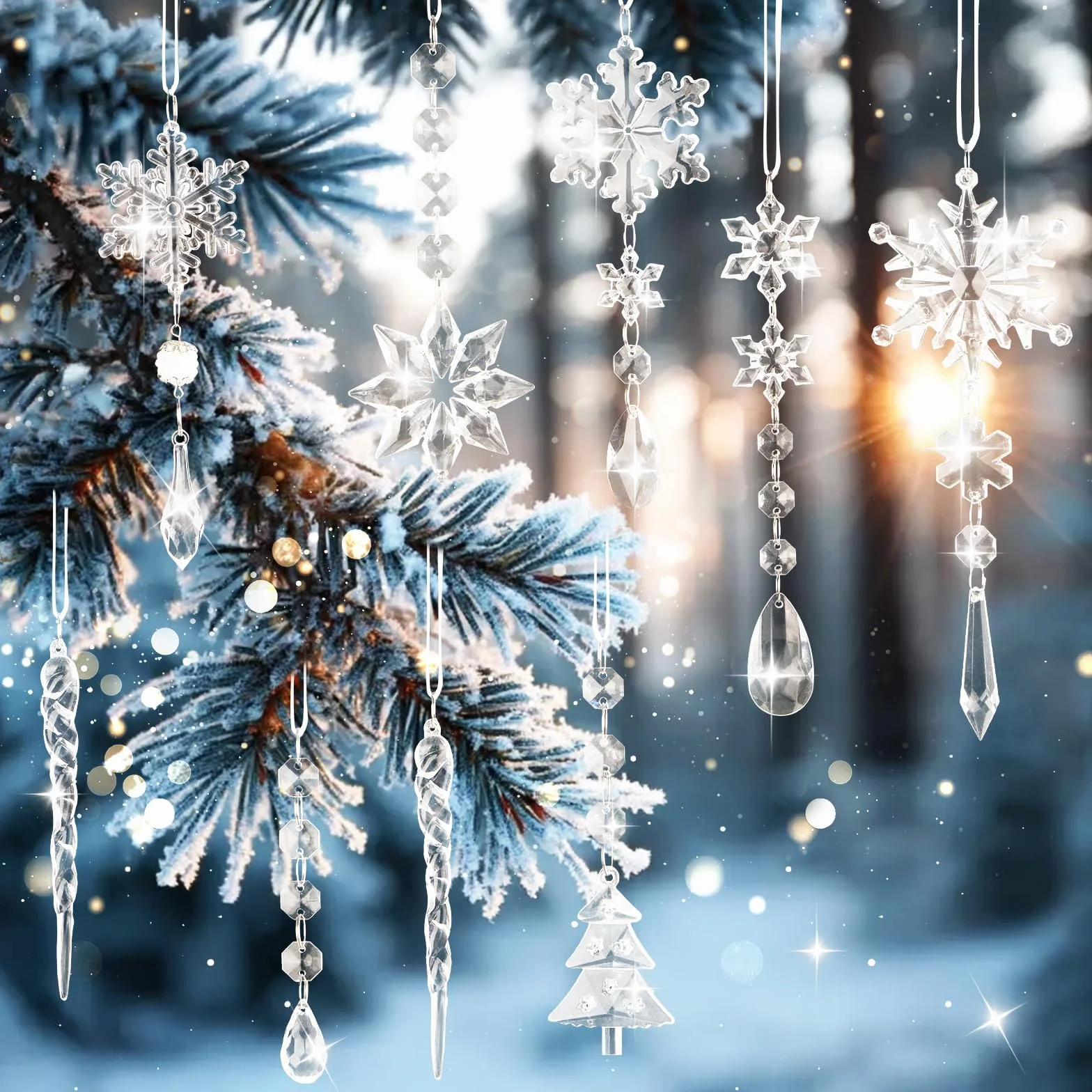 Lanpn 22 Piezas Decoración Navideña Adornos del Árbol de Navidad de Cristal,Colgante Acrílico de Copo de Nieve de Carámbanos para Navidad Invierno Exterior Interior Fiesta Decoración Oro (Blanco)