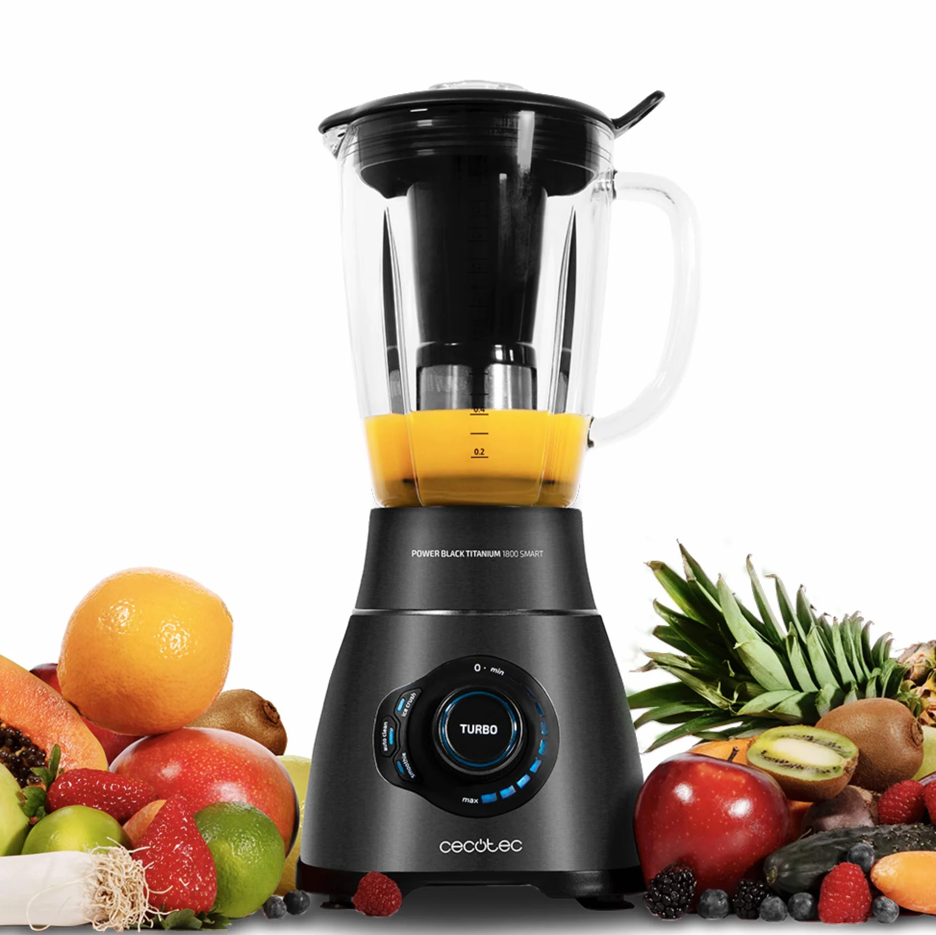 Cecotec Batidora vaso Power Black Titanium 1800 Smart, 1800 W de Potencia, con Cuchilla de 6 Hojas de Titanio Negro, 3 Programas Automáticos y Jarra Termorresistente, Digital