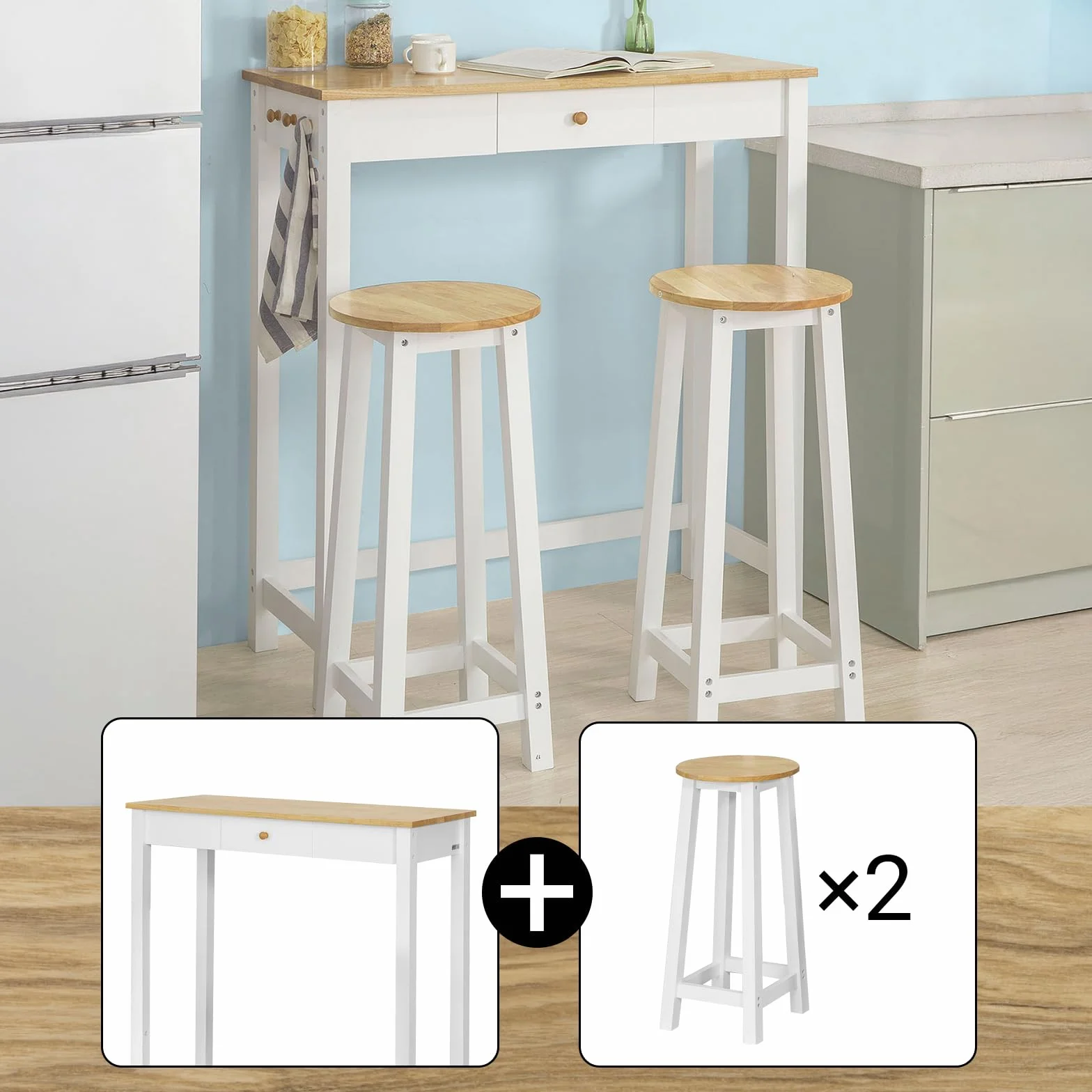 SoBuy Juego de Mesa Alta para Comedor, Conjunto de Bar con 2 Taburetes, Mesa de Cocina Moderna Ideal para Espacios Reducidos FWT50-WN