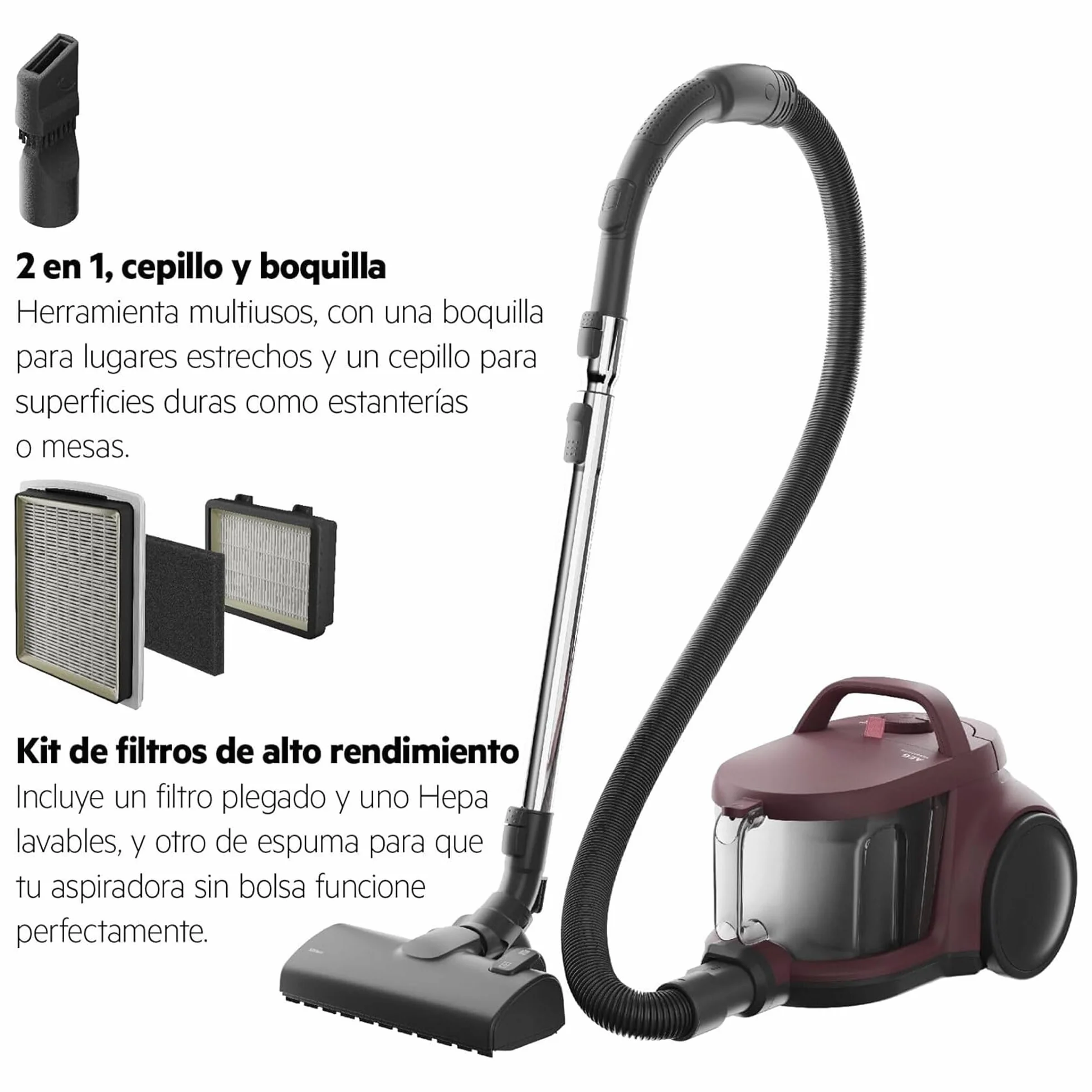 AEG Aspiradora de Trineo Sin Bolsa AL51C1DRF, 1000W, Filtro Hygiene Lavable, 78dB, Depósito de 2L, Radio de Acción de 9m, Adecuado para Suelos Duros y Alfombras, Rojo