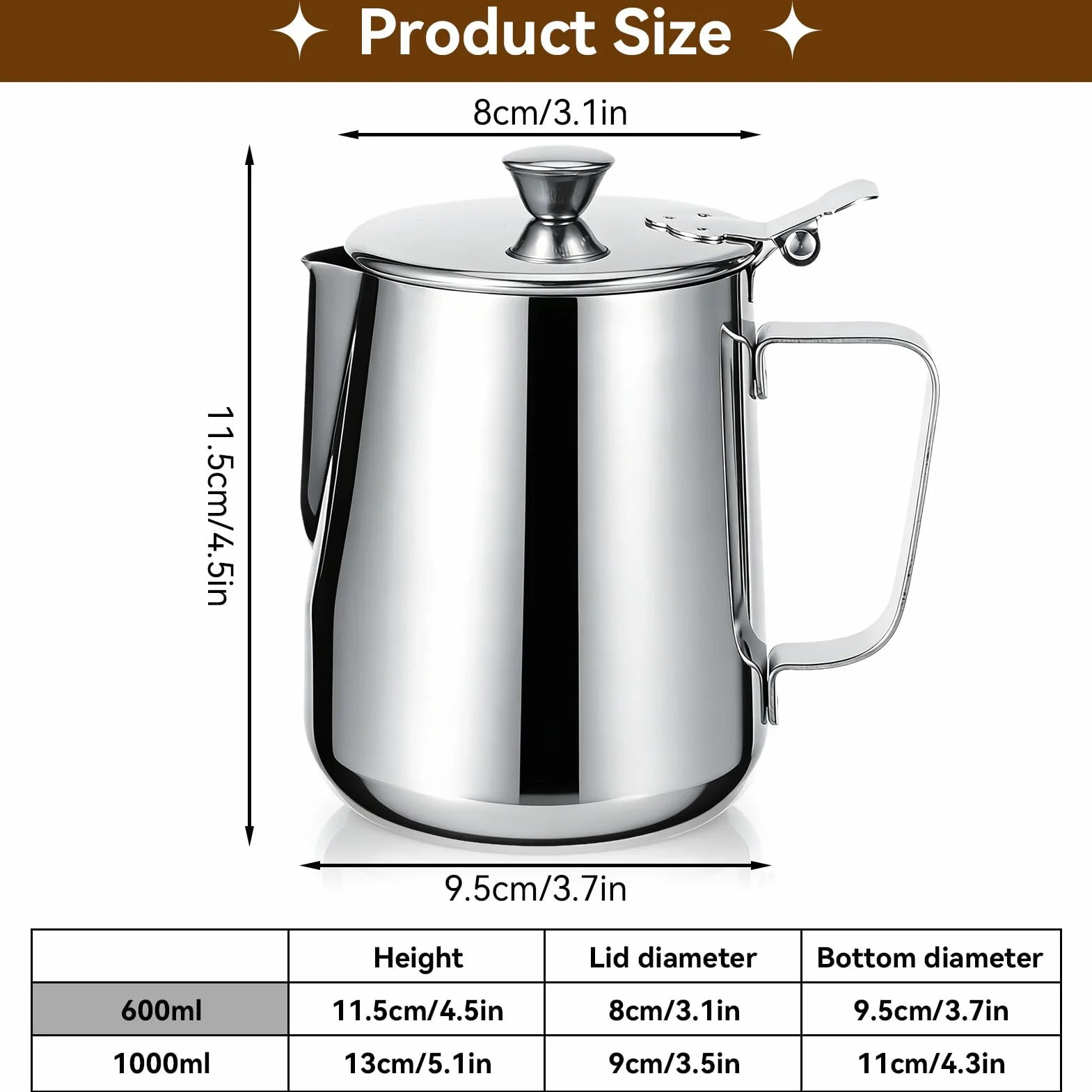 Jarra de leche con tapa, 600 ml/1000 ml, jarra de leche de acero inoxidable, jarra de espuma de leche con mango para café con leche, número de referencia (600 ml)