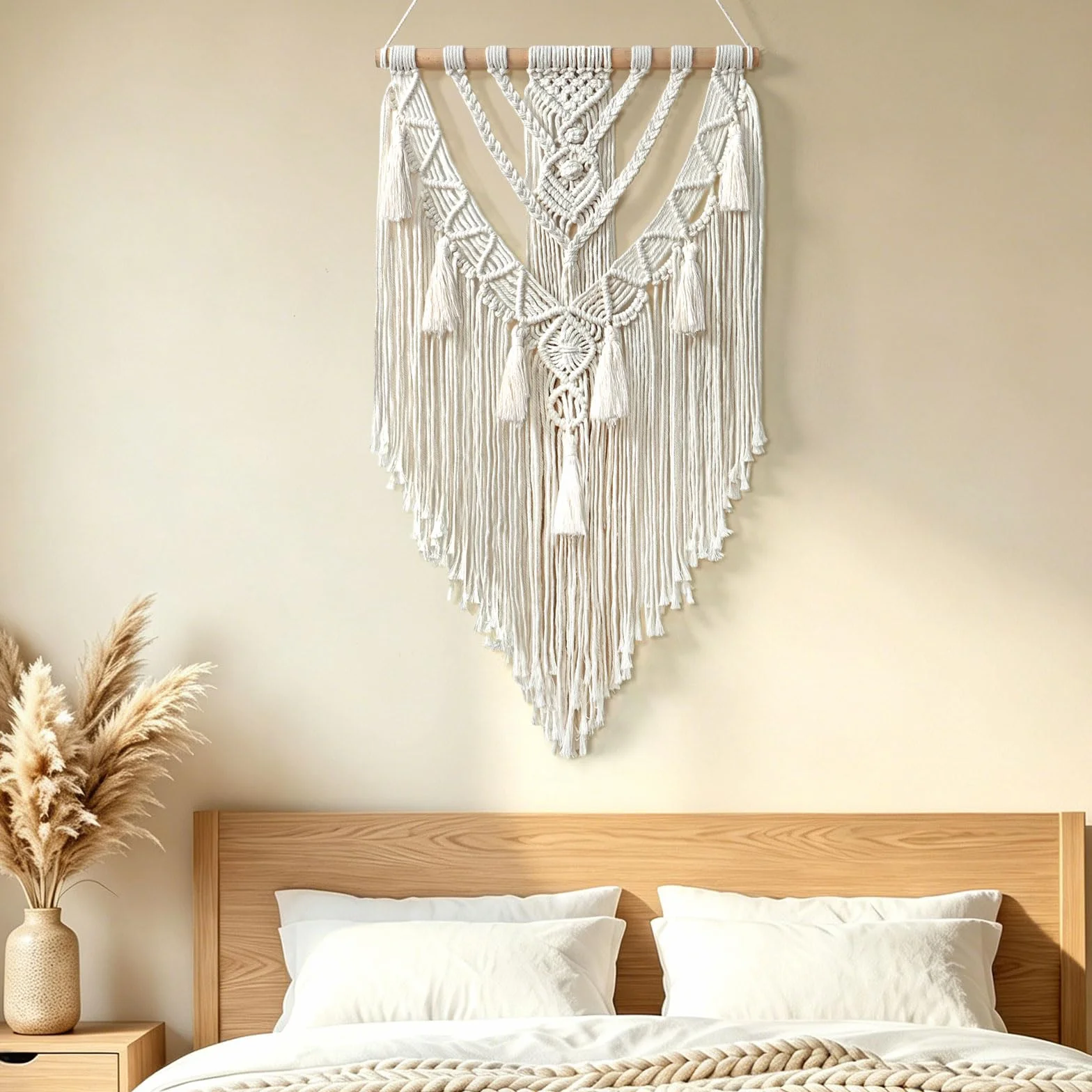 Betylifoy Tapiz de macramé de algodón hecho a mano, macramé, decoración bohemia, tapiz tejido con borlas, decoración de pared, apartamento, dormitorio, balcón, decoración, 70 cm (ancho) x 40 cm (largo