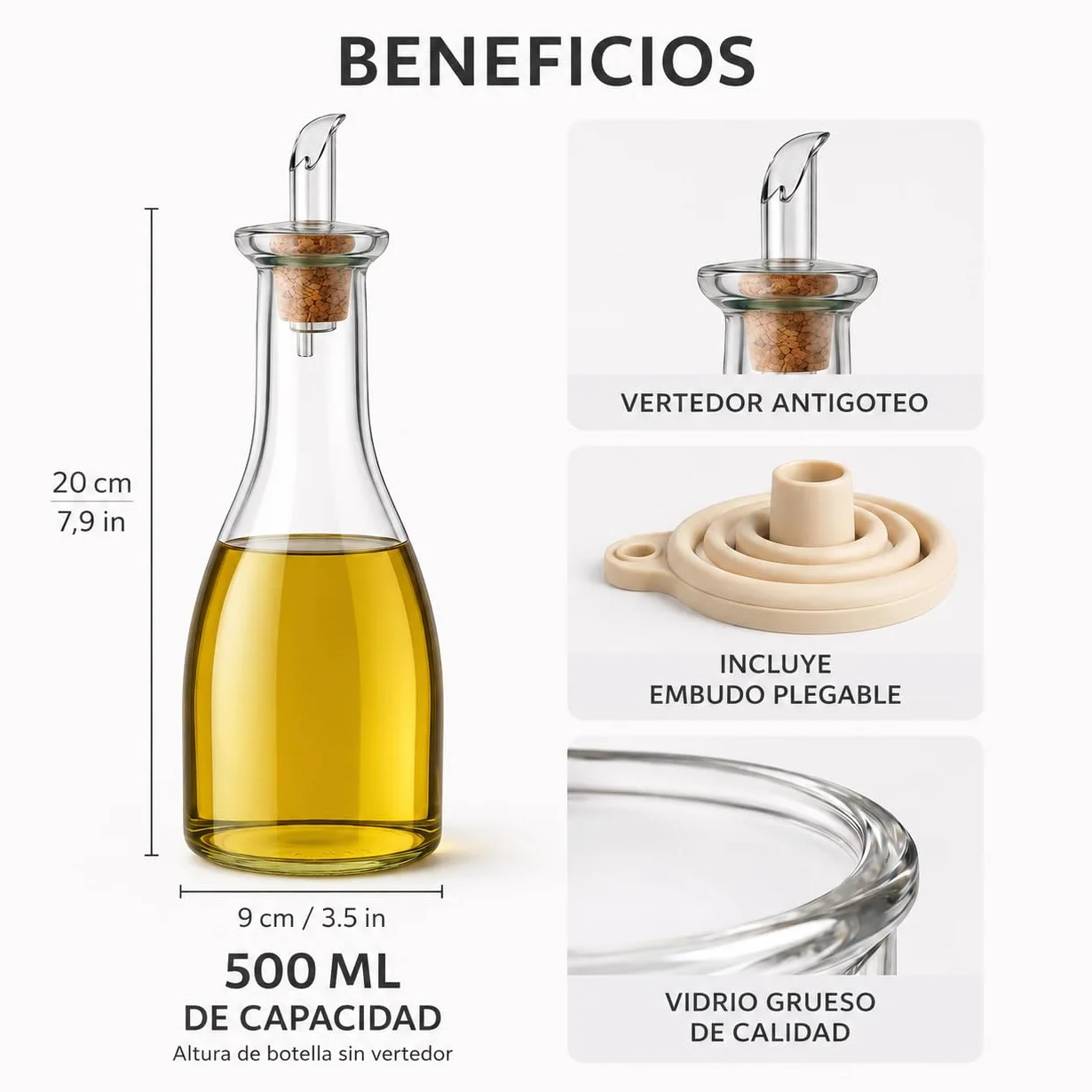 Aceitera Antigoteo 500 ml con Embudo Plegable – Botella de Vidrio con Tapón de Corcho Natural para Aceite y Vinagre