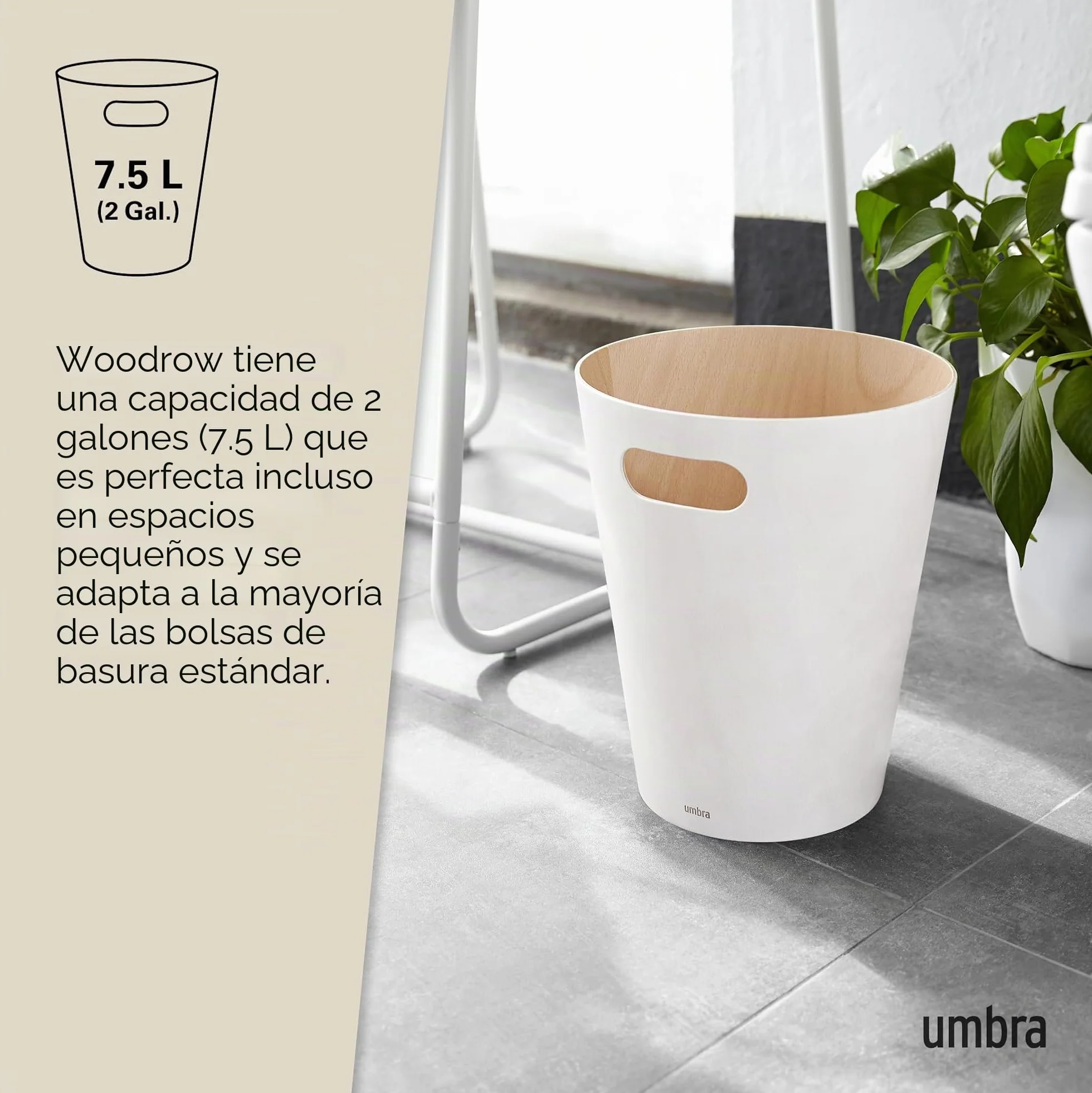Umbra Woodrow Cesto de basura, con capacidad de 7.5 l, Blanco/Natural