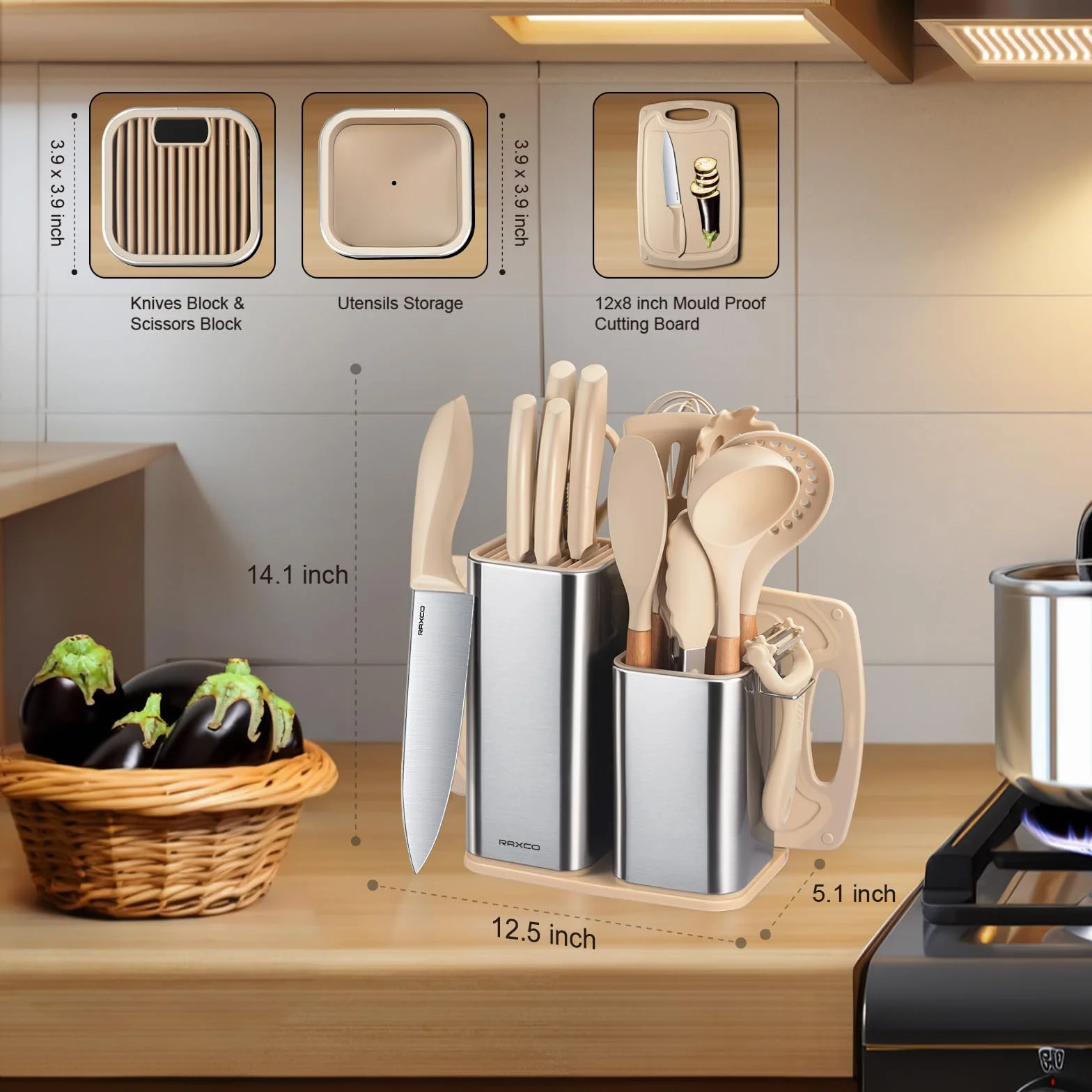 RAXCO Juego de cuchillos de cocina de acero inoxidable de 18 piezas con bloque y afilador
