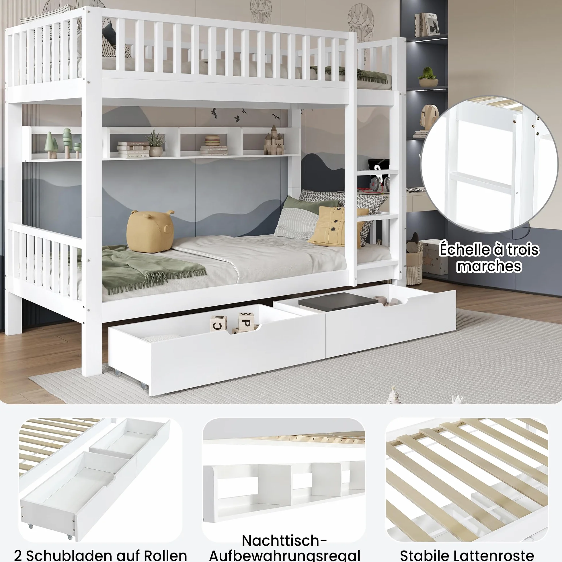 Cama Infantil, Litera para niños 90x200, Litera Matrimonio con 2 cajones y Escalera, Se Convierte en Dos Camas Individuales, Cama altillo con protección anticaída y somier, Blanco, Sin colchón