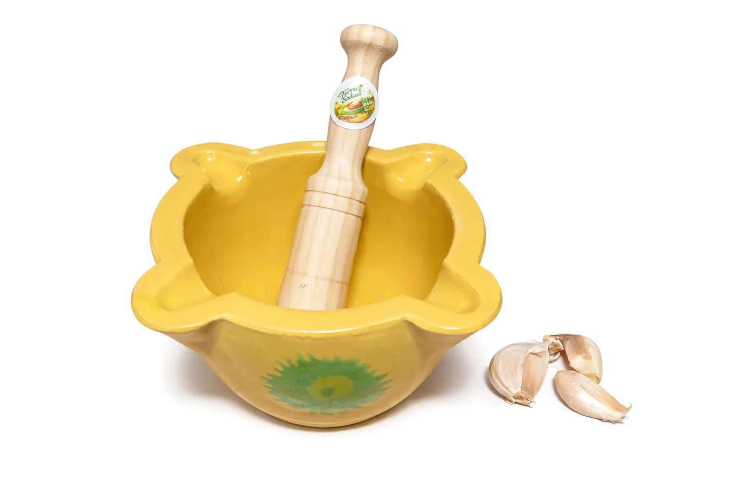 Gran Mortero Rústico de Cerámica Amarillo de 16cm con Mano de Madera de16cm, Diseño Tradicional con Decoración Verde.