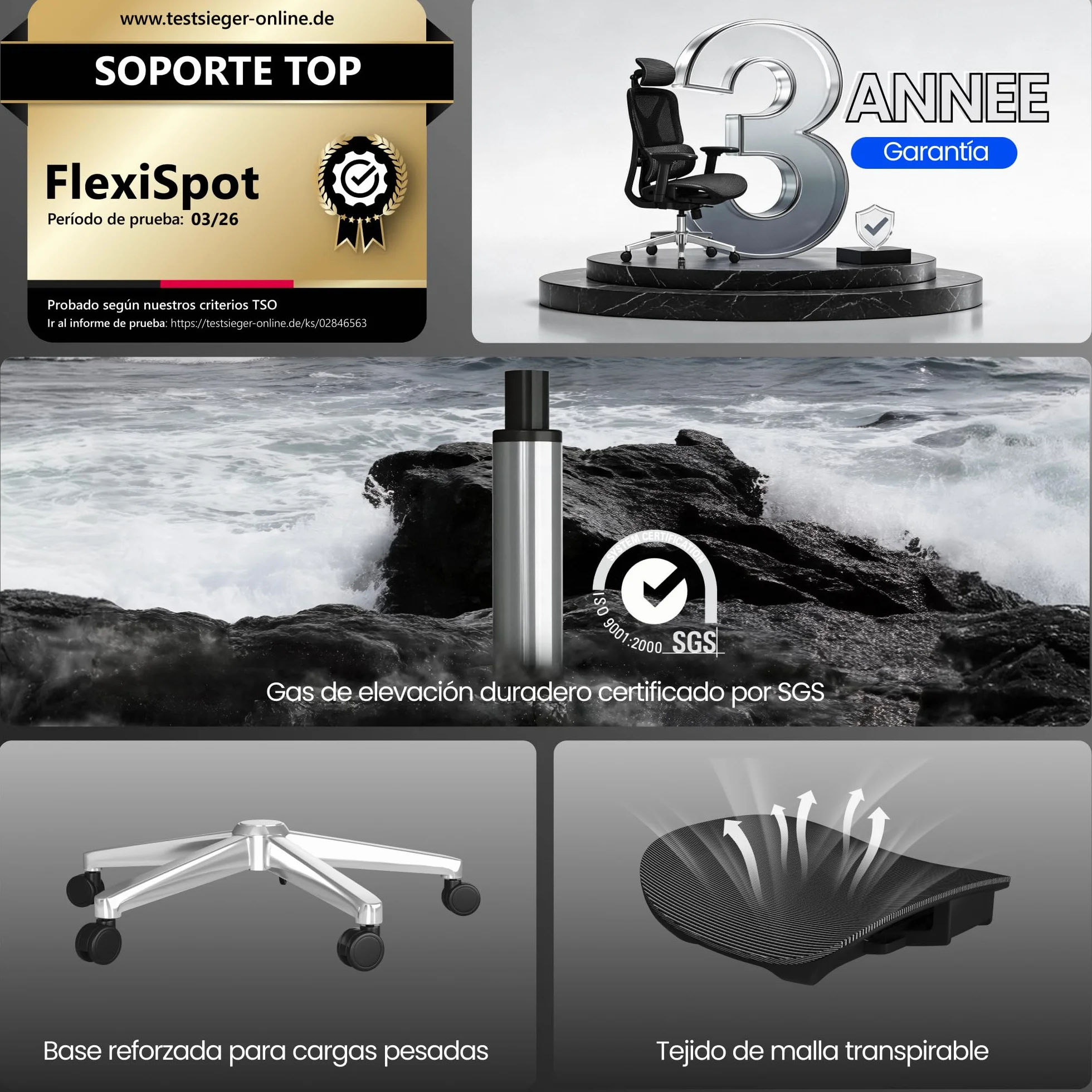 FLEXISPOT ErgoX Silla Escritorio Ergonómica con Reposapiés, Soporte Lumbar, Reposabrazos 3D, Inclinación 135°, Gris