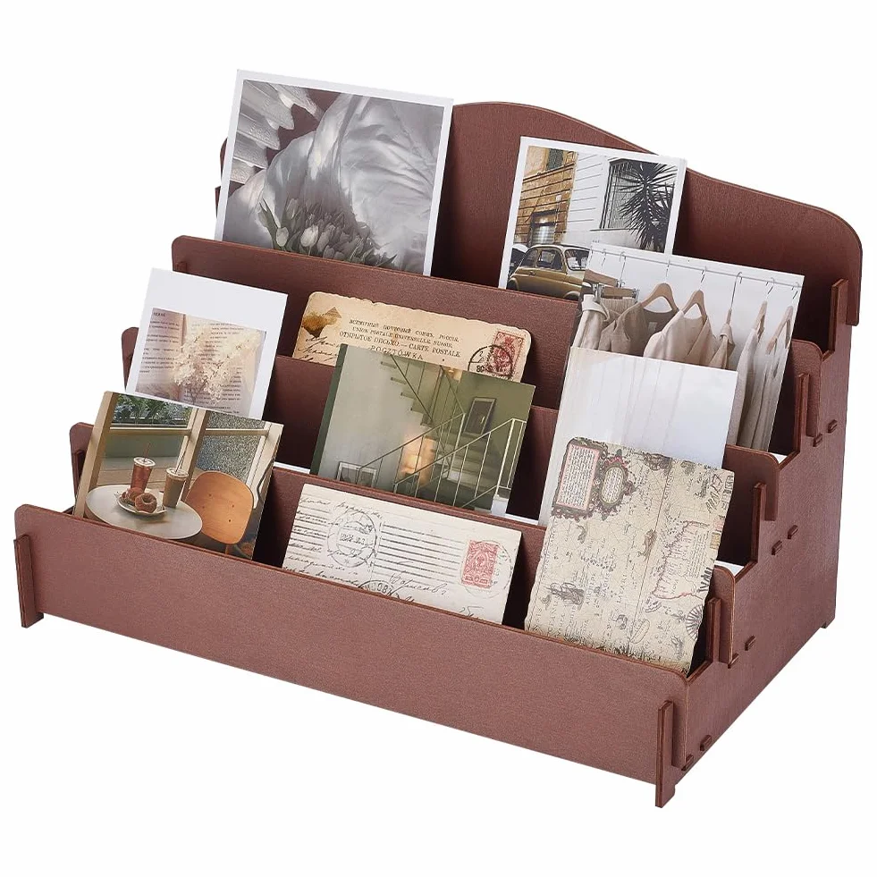 UNICRAFTALE Soporte de exhibición de tarjetas de felicitación de 4 niveles, de madera, para postales, soporte portátil para mostrador de pegatinas, estante de exhibición al por menor para marcapáginas