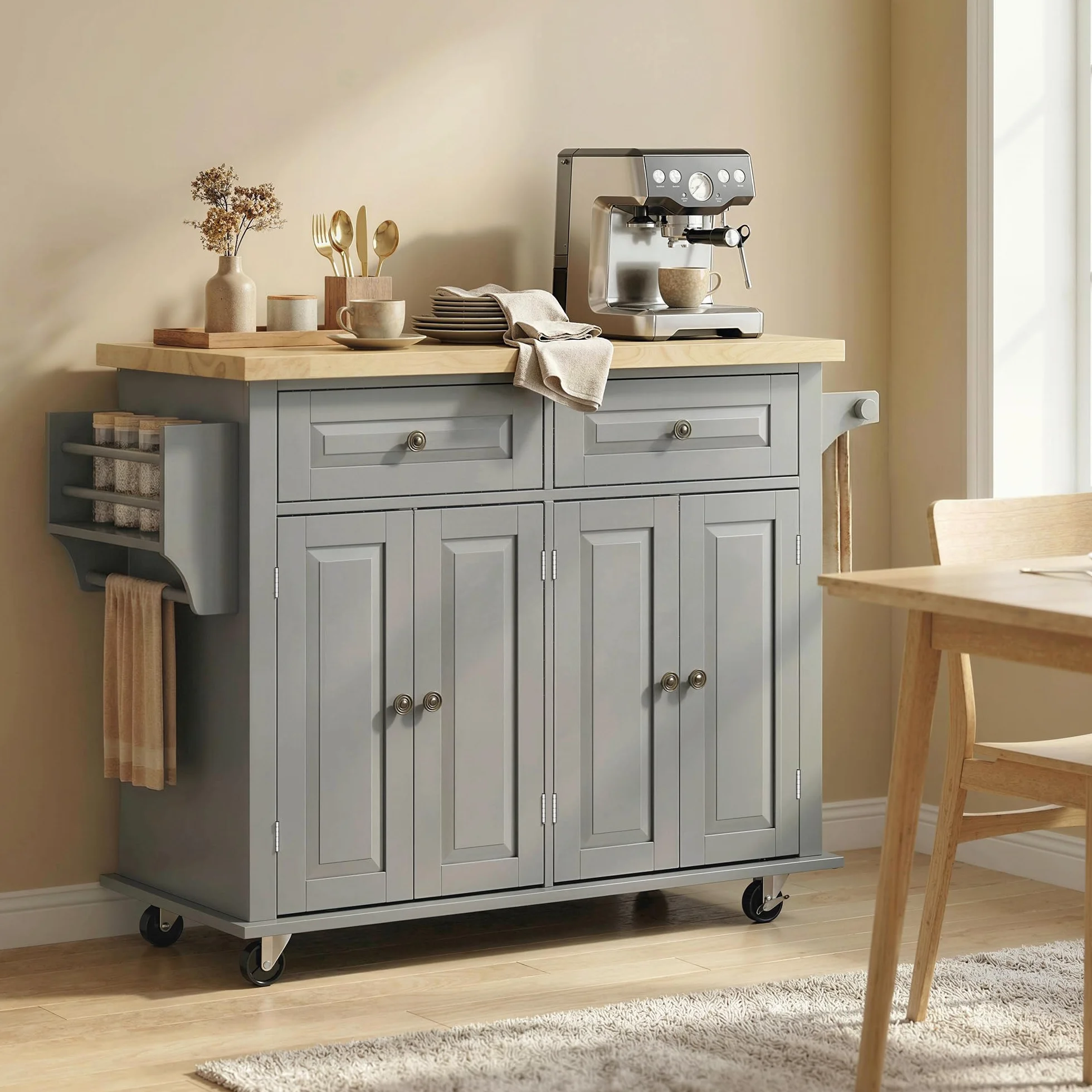HOMCOM Isla de Cocina con Ruedas Carro de Cocina con 2 Cajones 4 Puertas Especiero Encimera de Madera Estante Ajustable y Barra Lateral para Comedor 111x44,5x82,5 cm Gris