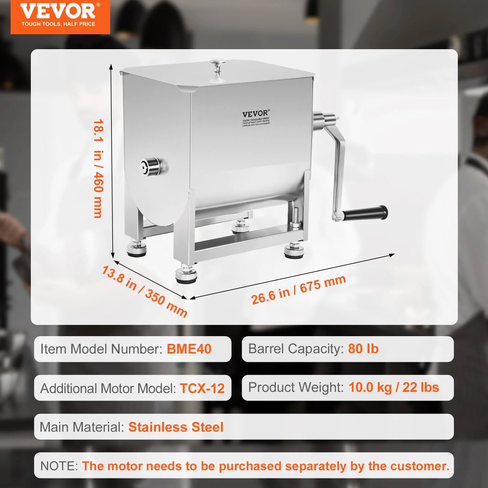 VEVOR Mezcladora de Carne Manual Tanque de 40 L, Equipo de Procesamiento de Carne, Capacidad Máxima de Mezcla de 27,2 kg, Mezcladora de Salchichas de Acero Inoxidable con Tapa, Caja de Engranajes