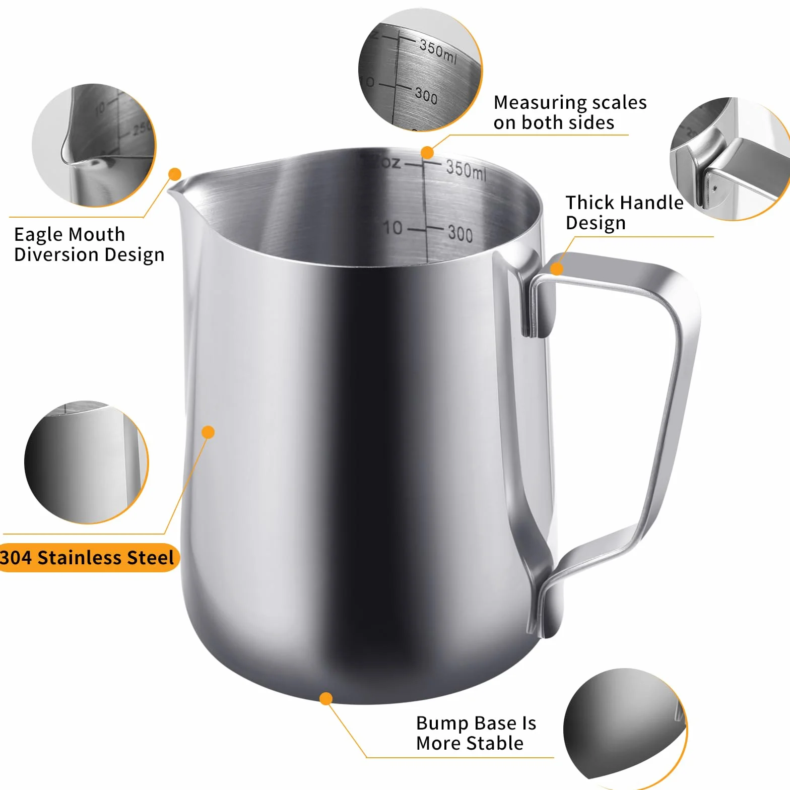 Jarra Leche Barista 350ml con Bolígrafo de Arte Latte - Lechera de Acero Inoxidable para Arte de Café, Capuchino y Espresso, Jarra Cafe
