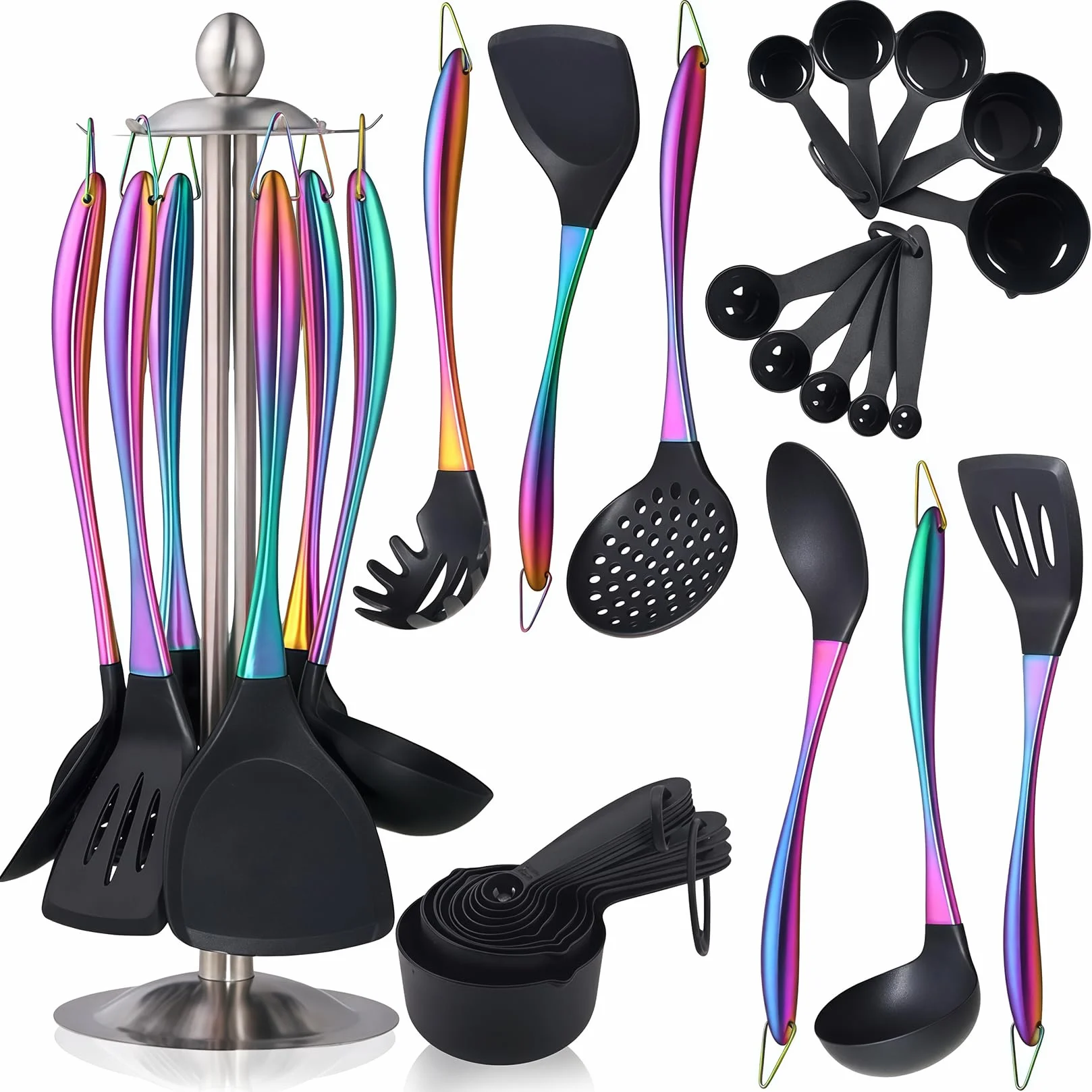 Juego de utensilios de cocina de silicona, juego de 17 piezas con soporte giratorio, utensilios de silicona resistentes al calor para cocinar, juego de espátulas antiadherentes con asas de acero