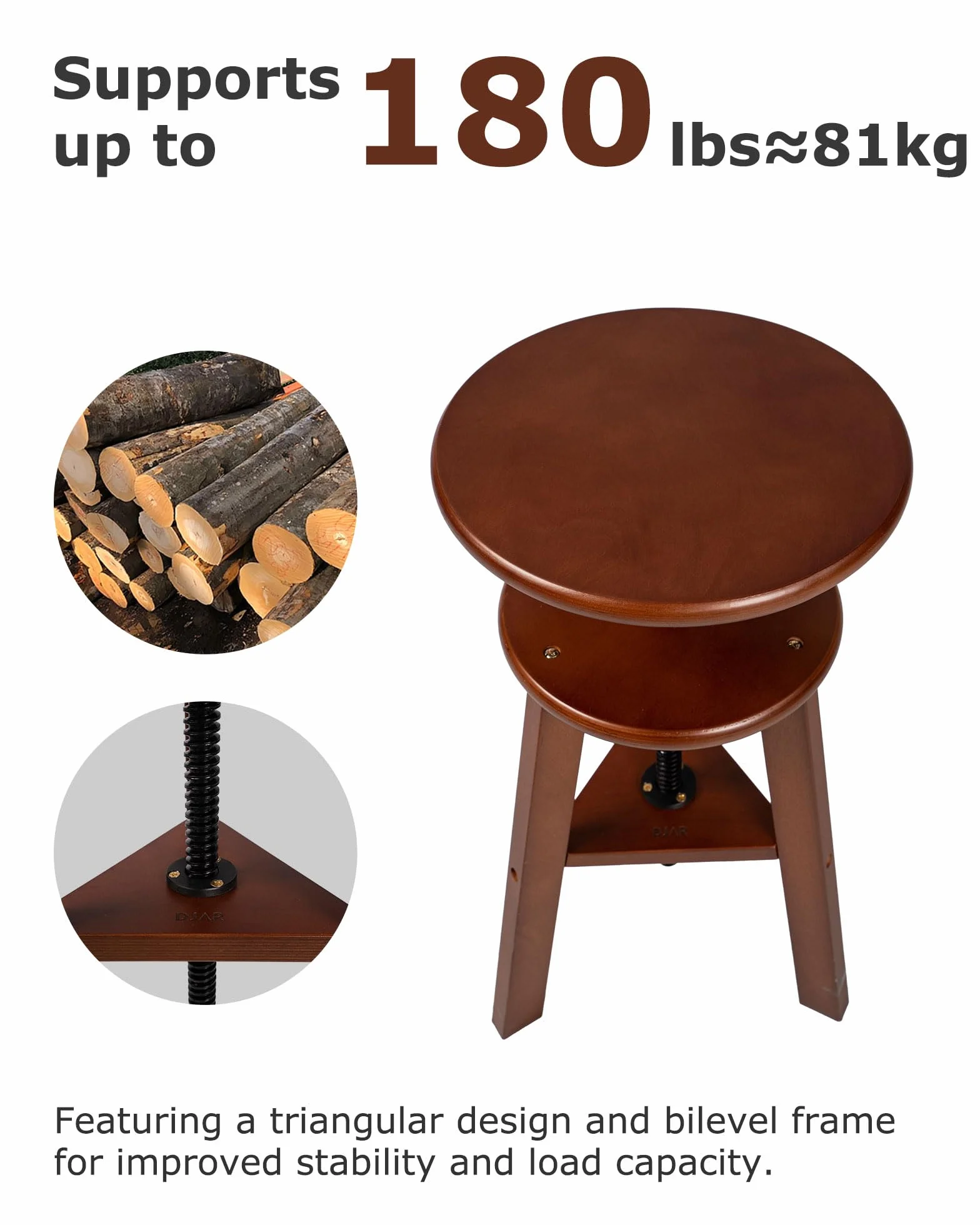 DJAR Taburete de dibujo de madera de haya, altura ajustable, soporta 180 libras, nogal