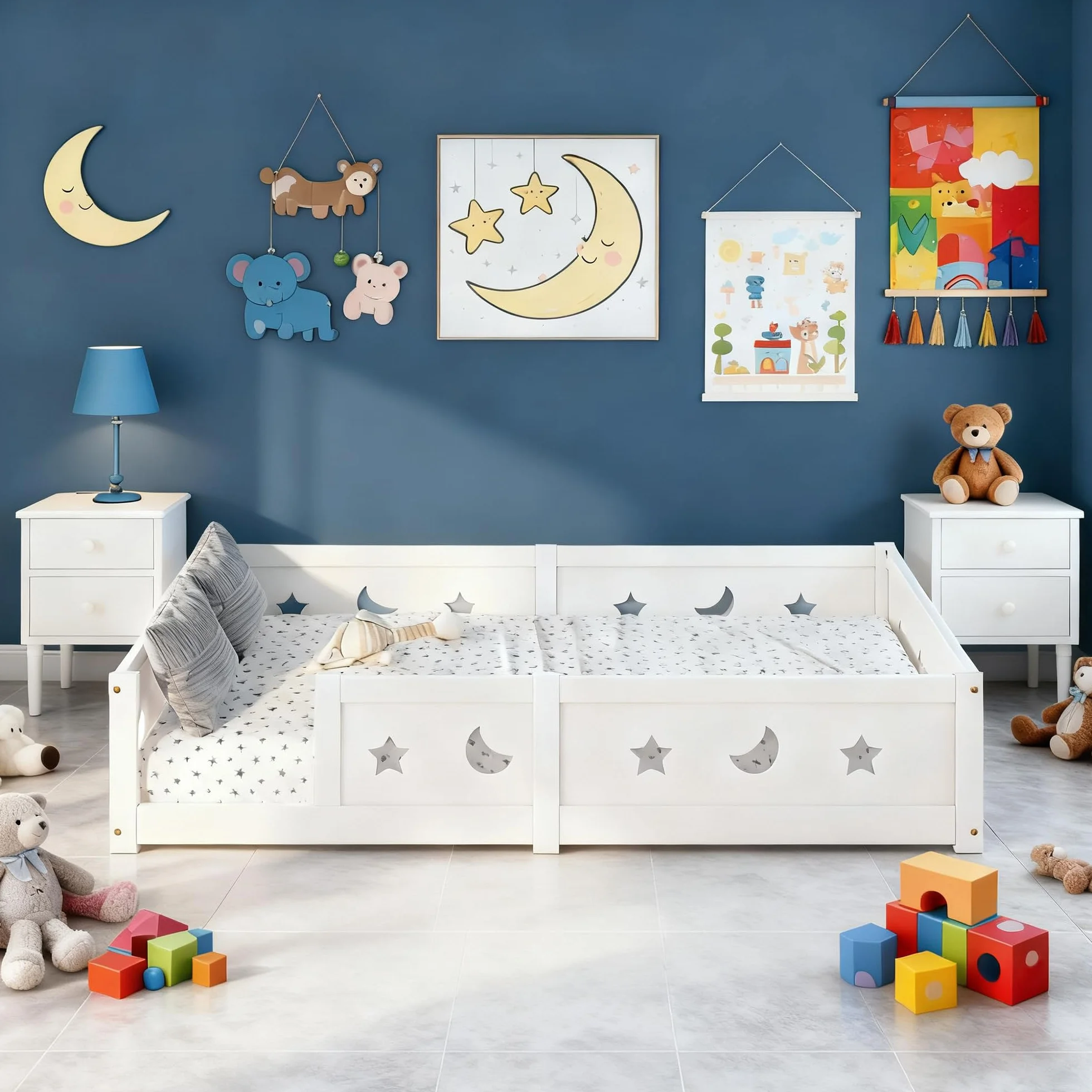 Cama en el suelo para bebé, 90 x 200 cm, cama en el suelo de inspiración Montessori, camas infantiles de madera con barrera de seguridad y somier de láminas, camas individuales para niños y