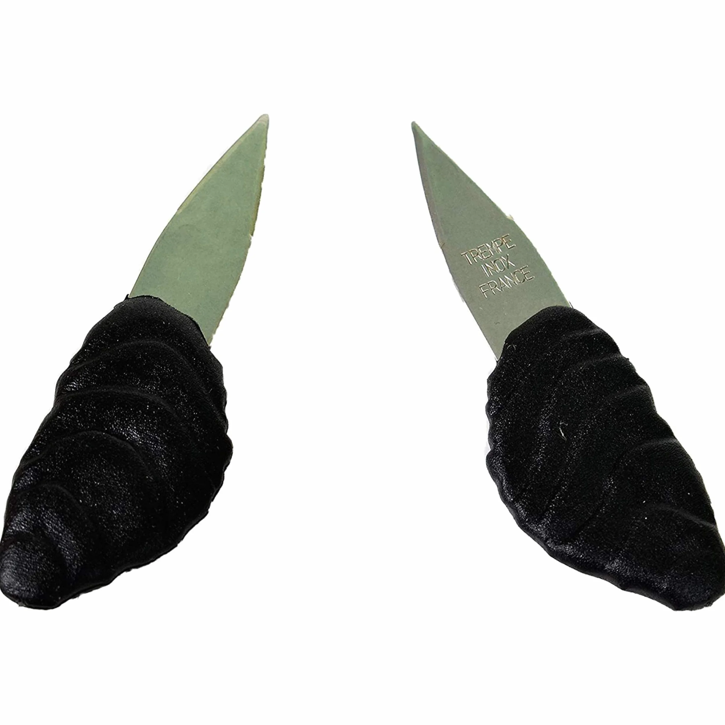 Juego de 2 cuchillos de ostras inoxidable ecológico negro de fabricación francesa, fabricado en Francia, cada cuchillo tiene una hoja de acero inoxidable y su mango con decoración de ostras