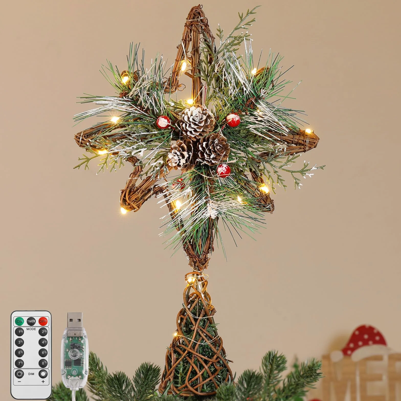 Lewondr Corona De Árbol De Navidad, 13,19" 20 LED Estrella De Navidad Ratán Rústica con Piña Y Hojas, Temporizador 6H, 8 Modos De Luz, USB Y Control Remoto Estrella Corona Árbol, Marrón
