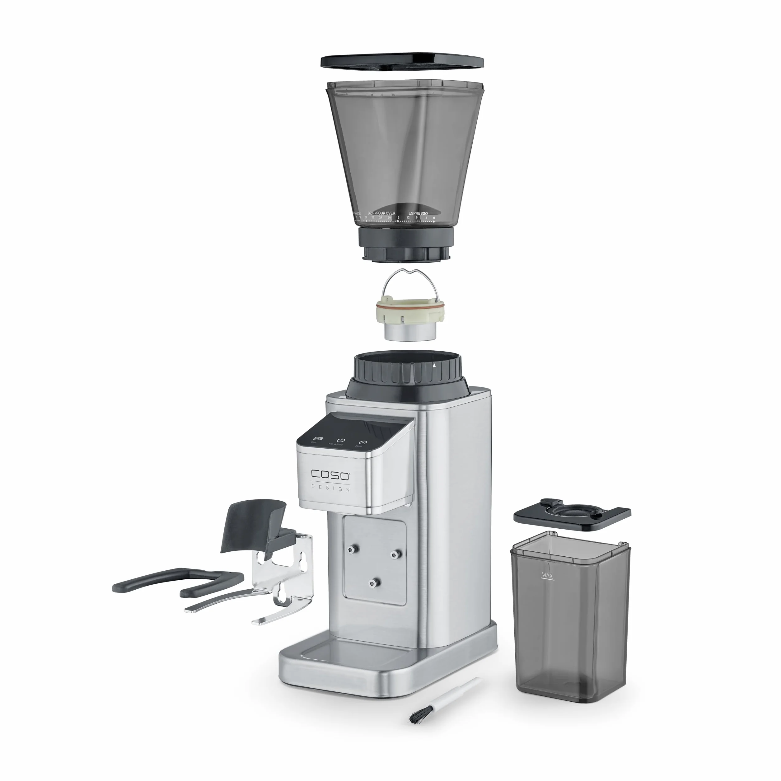 CASO BaristaChef Inox - Molinillo de café eléctrico con muelas cónicas, pantalla táctil, temporizador digital y sobresaliente, capacidad de 250g, 48 niveles de molienda precisos - acero inoxidable