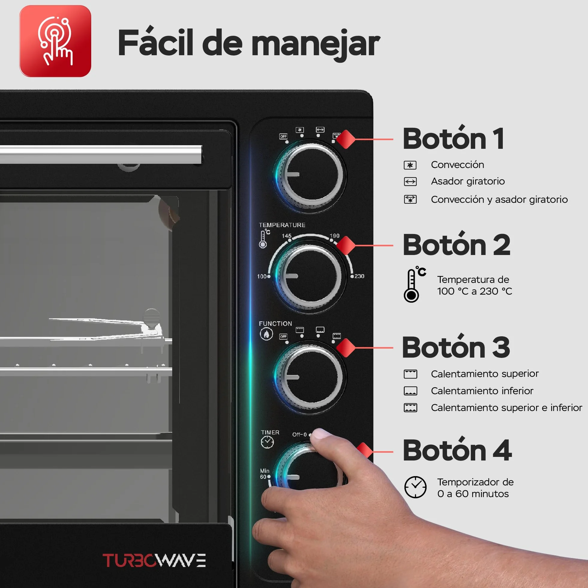 TurboTronic Horno de Convección 35L 1600W con Asador Giratorio, Sobremesa Compacto, 2 Bandejas