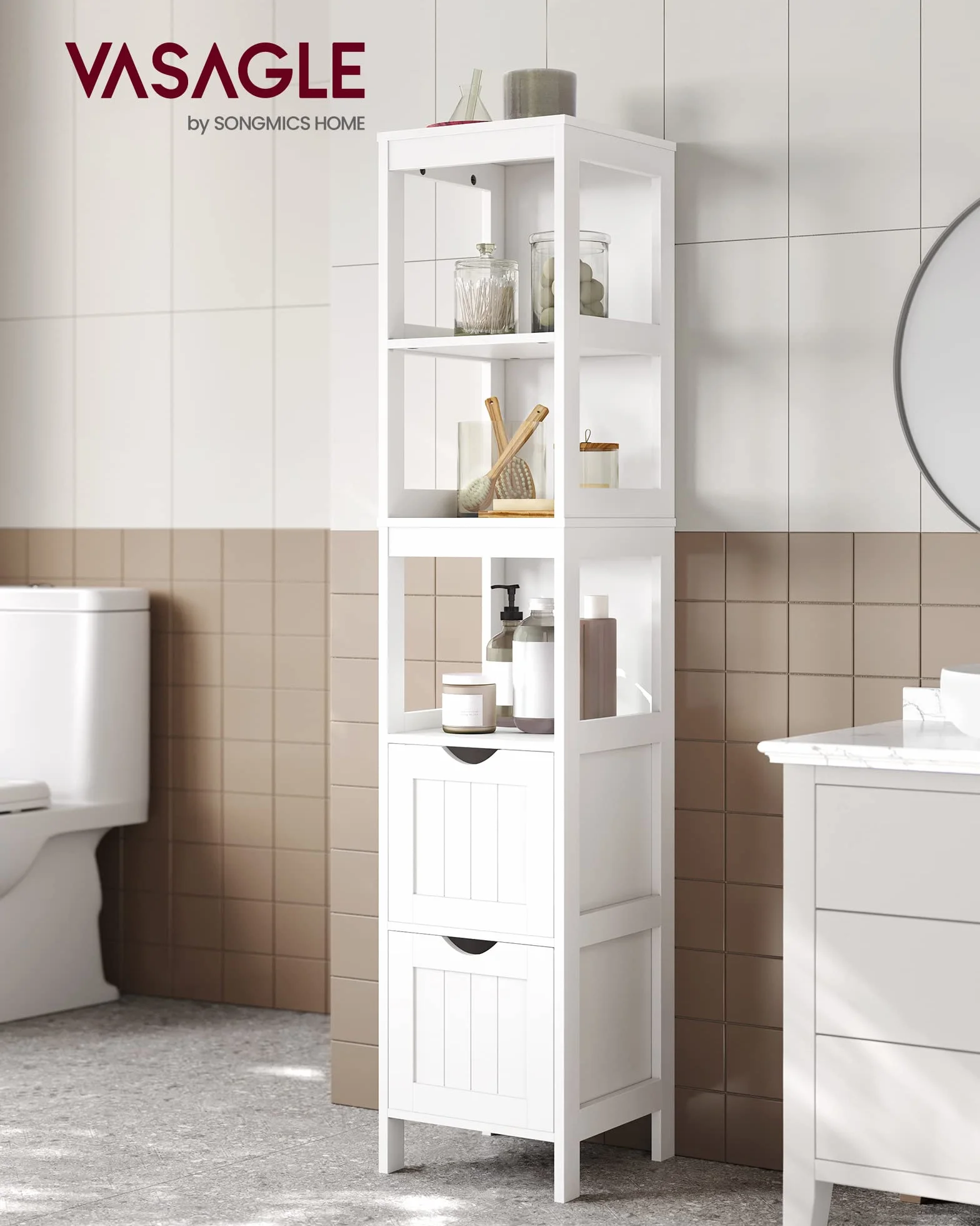VASAGLE Mueble de Baño Armario Independiente Cómoda 2 Cajones 3 Compartimentos Blanco BBC66WT