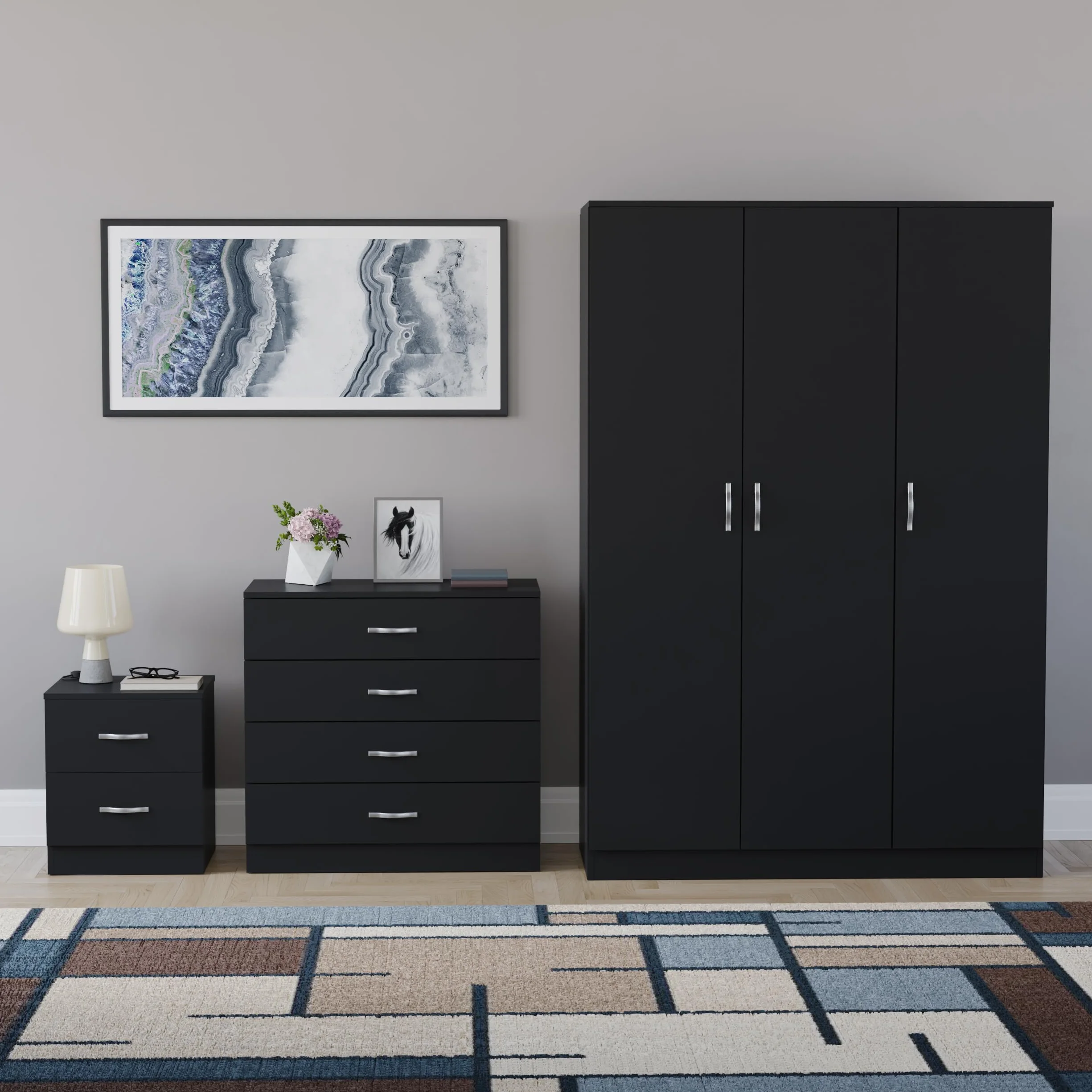Vida Designs Riano - Juego de dormitorio de 3 piezas (mesita de noche de 2 cajones, cómoda de 4 cajones, armario de 3 puertas), color negro (5)