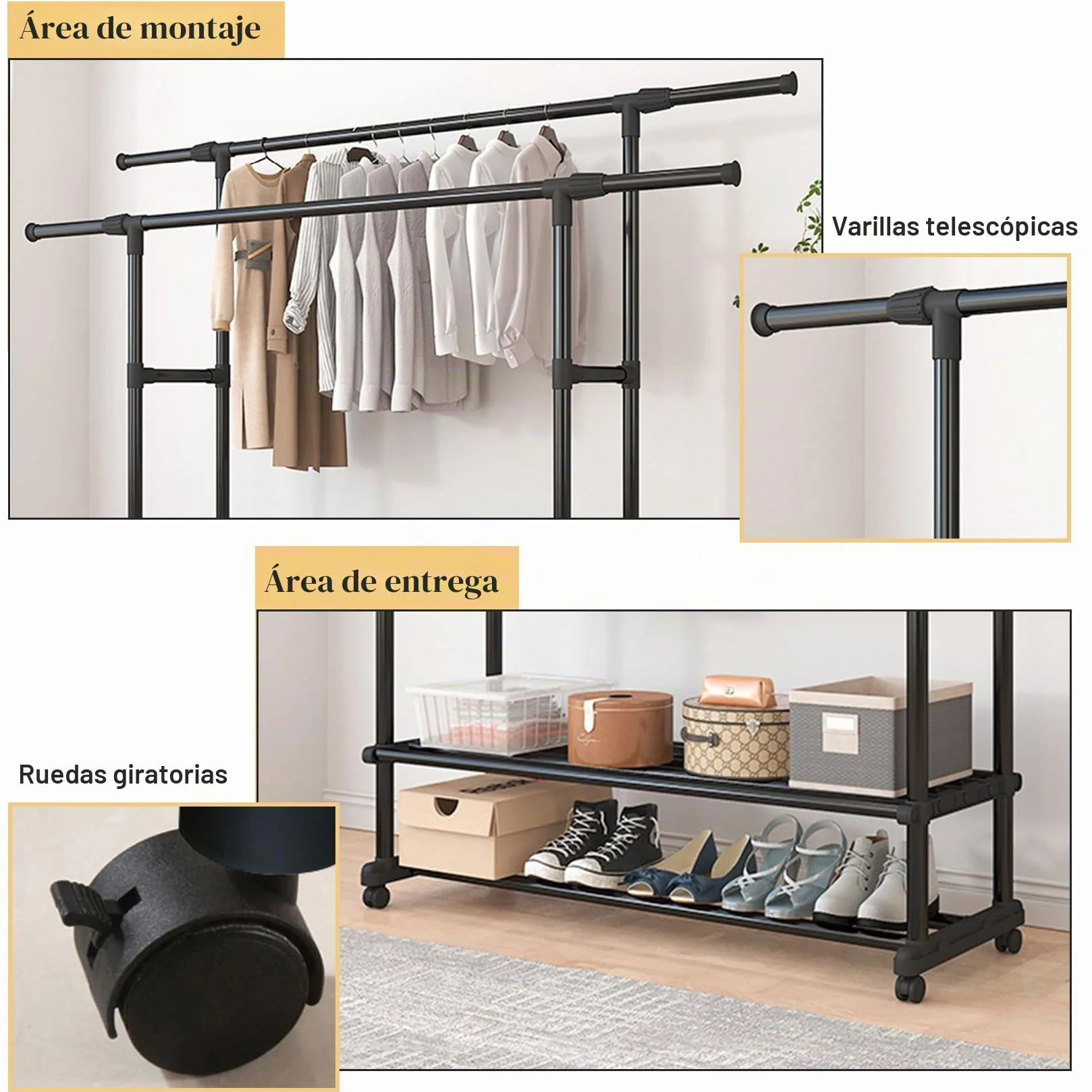 Perchero extensible de metal multifuncional con 2 capas de almacenamiento y ruedas