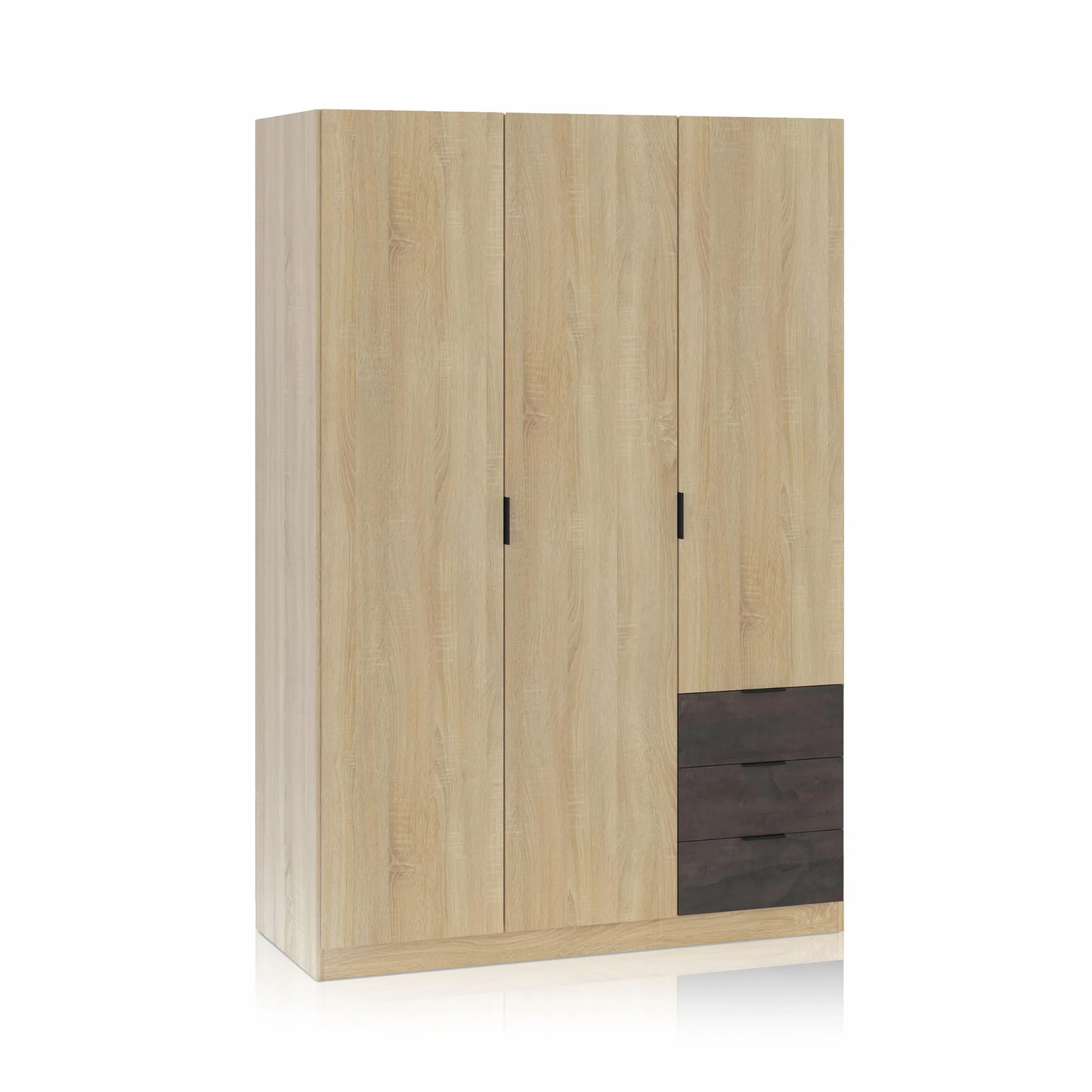 duehome | Armario de 3 Puertas y 3 Cajones, Armario para Dormitorio, Modelo Hexa, Acabado en Roble Canadian y Oxido, Medidas: 121 cm (Largo) x 180 cm (Alto) x 52 cm (Fondo)