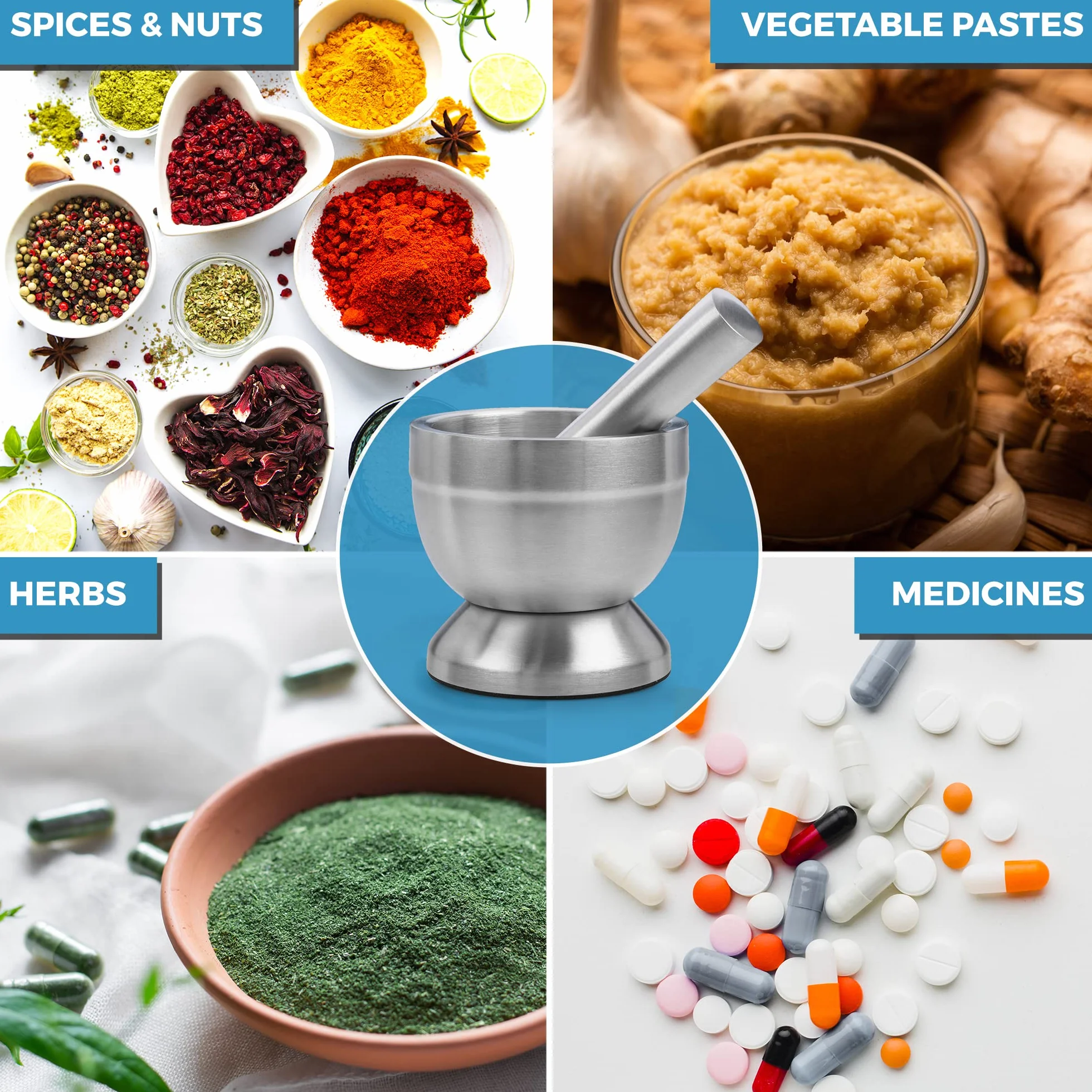 Trituradora de píldoras: conjunto de molienda de mortero y mortero de acero inoxidable 304 de grado alimenticio - para adultos, perros, mascotas