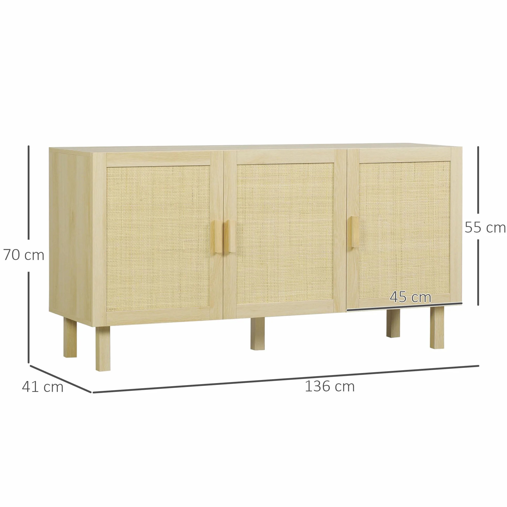 HOMCOM Aparador 3 Puertas de Rejilla de Ratán Aparador para Salón Nórdico con Estantes Ajustables para Comedor Entrada Dormitorio Natural 136x41x70 cm