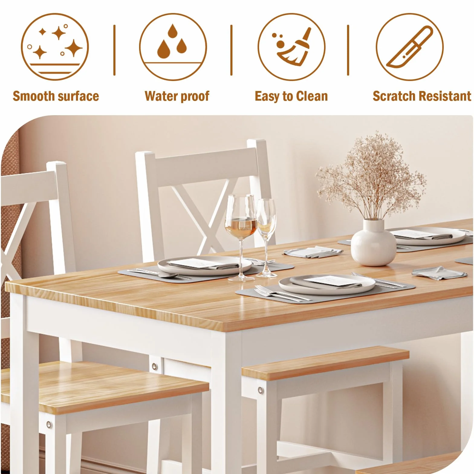 sogesfurniture Juego de comedor de 5 piezas, con mesa de comedor, 108 x 65 x 73 cm, y 4 sillas, rectangular, para salón, comedor, color blanco y teca (10QDLC)
