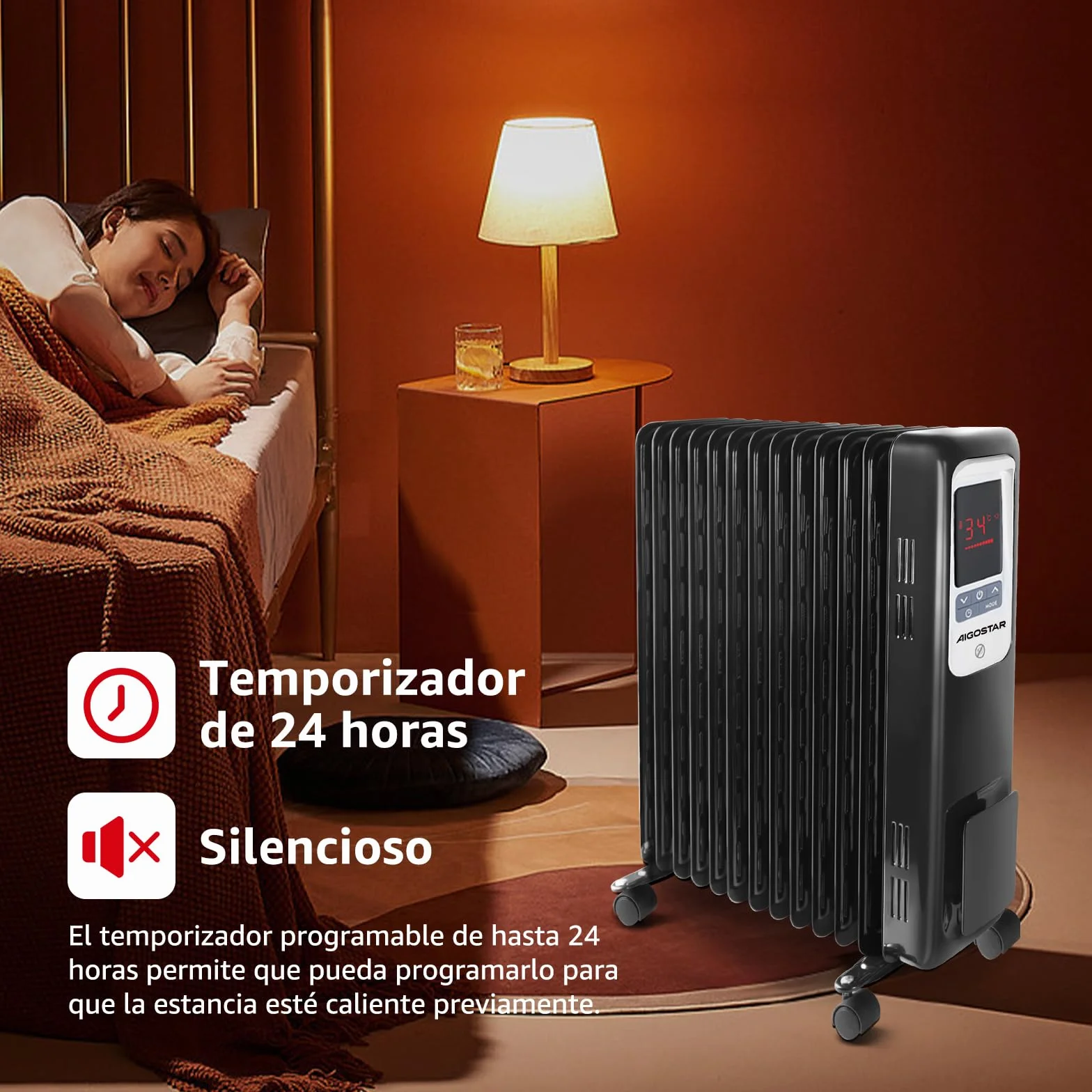 Aigostar Radiador de Aceite Portátil de 13 Elementos, Pantalla de Control LED, Mando a Distancia, 3 Modos y Función Eco, Silencioso, 2500W, Recomendado para Estancias de 25 m2, Oil Monster