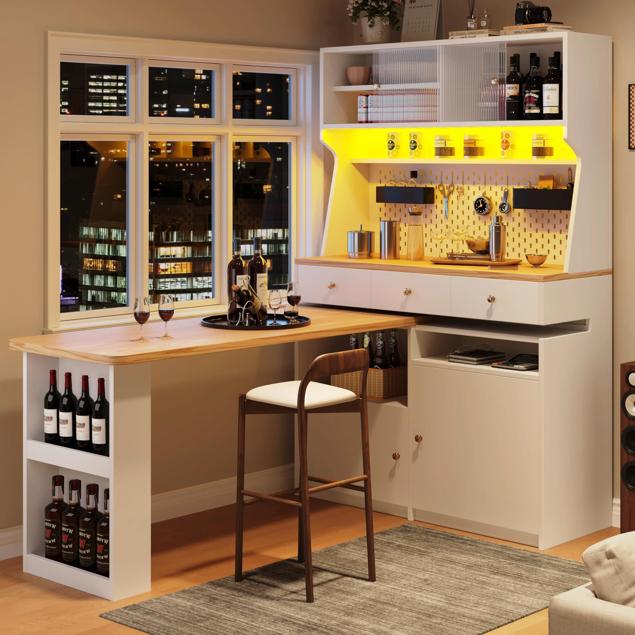 Moimhear Armario de cocina (137x45x178 cm), buffet de cocina alto, buffet multiusos, armario de mesa, armario de almacenamiento con dos puertas y tres cajones, blanco+madera