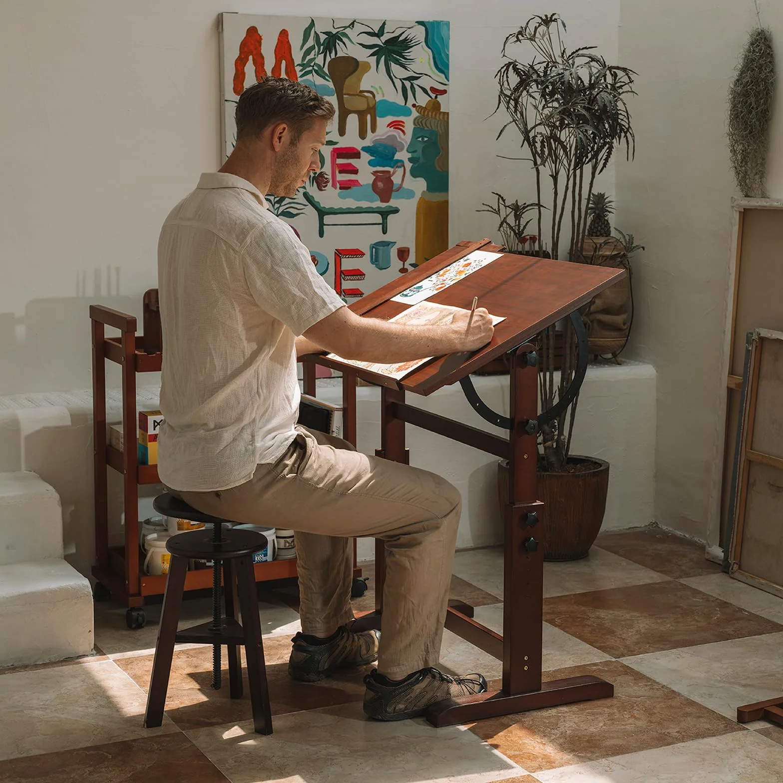 Mesa de Dibujo de Madera Ajustable 90 x 60 cm con Taburete para Artistas