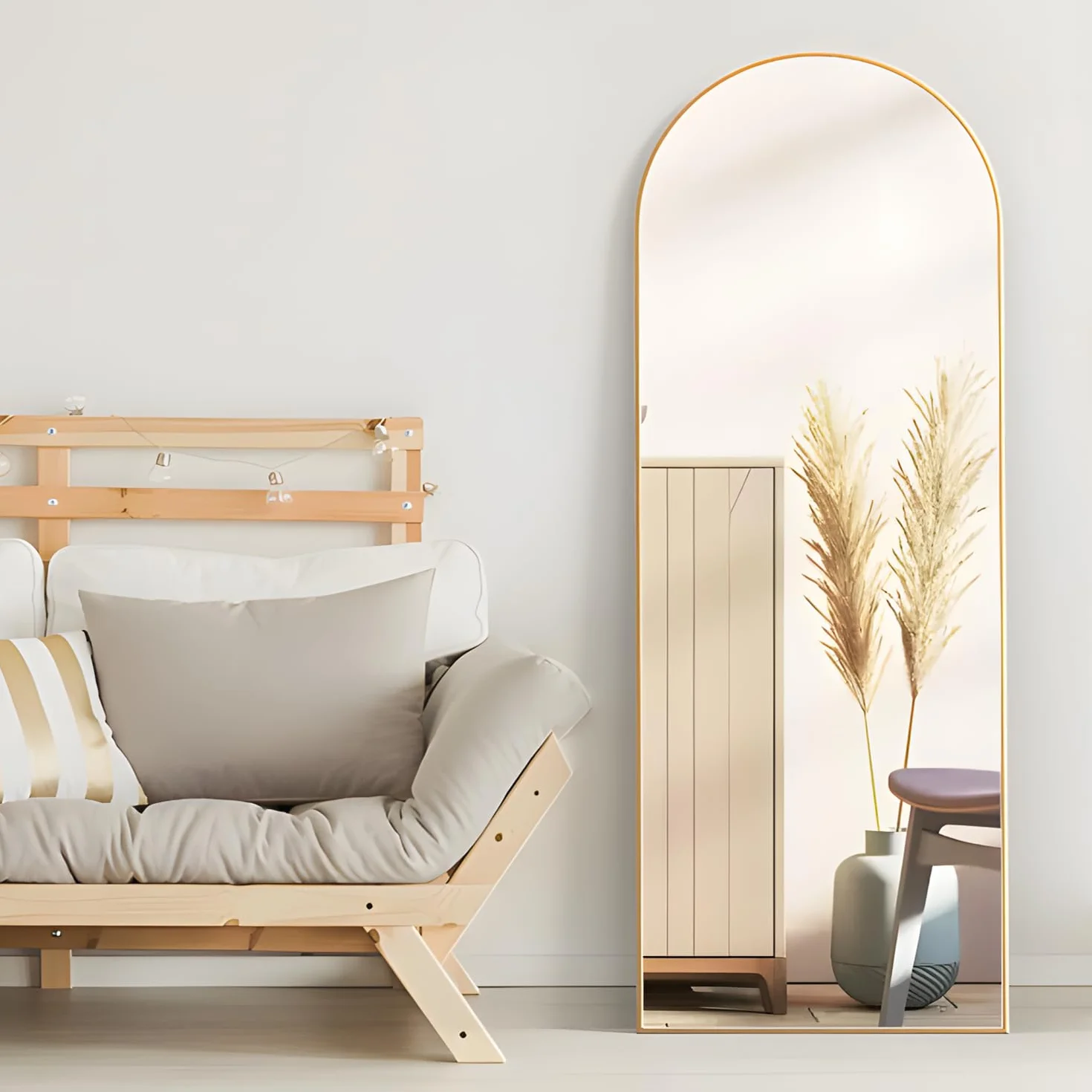 Arqueado Espejo de Cuerpo Entero, 162X53cm Espejo de Suelo arqueado con Soporte, Espejo de Pared Grande, Dorado Colgado de pie o apoyado contra la Pared para Entrada de Dormitorio