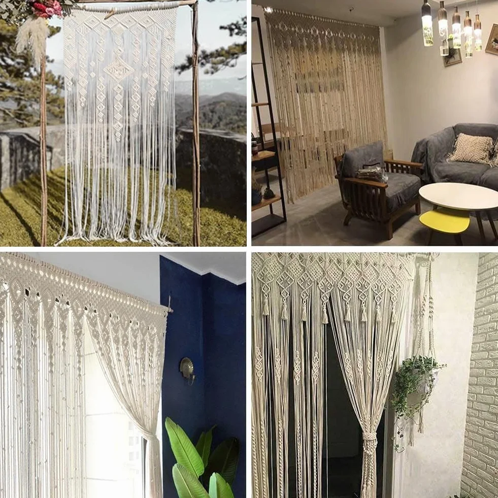 Cortina de macramé tejida a mano para puerta, divisor de habitación, panel de ventana, panel de ventana, bohemio, para colgar en la pared para sala de estar, dormitorio, telón de fondo de boda