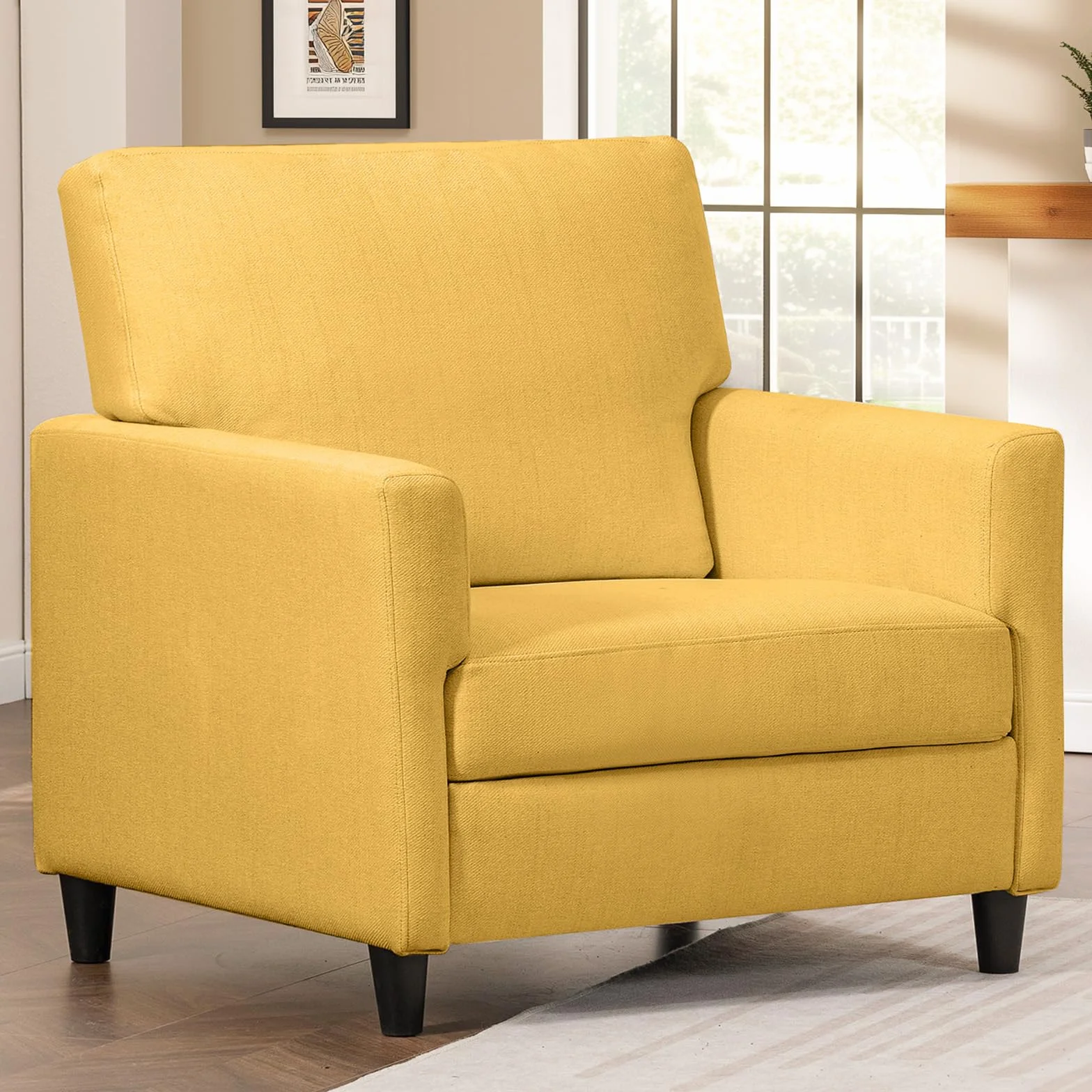 COMHOMA Sillón Salón, Sillón Relax, Silla Larga, con Apoyabrazos y Espalda Gruesa, Asiento Acolchado, Bolsa de Resortes Individual, Salón, Dormitorio, Cine en casa, Lino, Amarillo