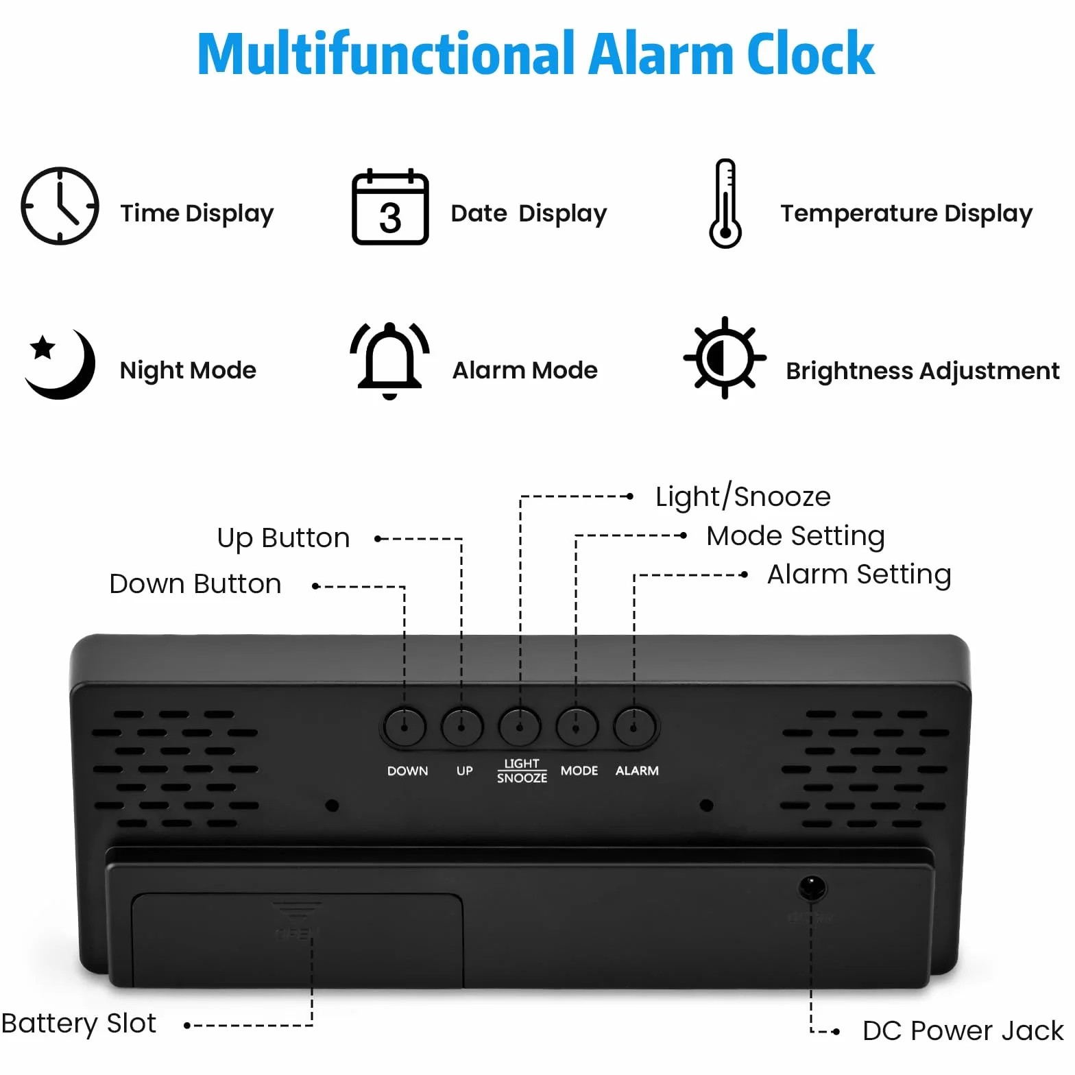 Reloj Despertador Digital, Reloj Digital Sobremesa Pantalla LED Grande Despertador Inteligente Alimentado por USB/Batería con Tiempo Fecha Temperatura Siesta Brillo Ajustable, Luz Blanco
