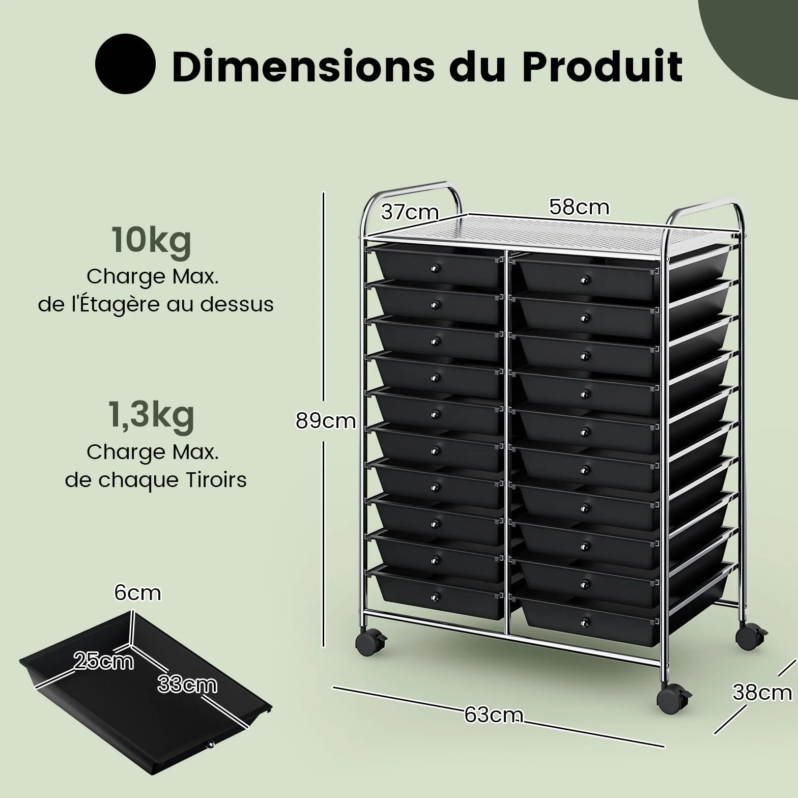GOPLUS Carro de almacenamiento de metal con 20 cajones, torre de almacenamiento, carrito con 4 ruedas, 2 con frenos, cajones multicolores, ideal para salón, cocina, cuarto de baño (negro)