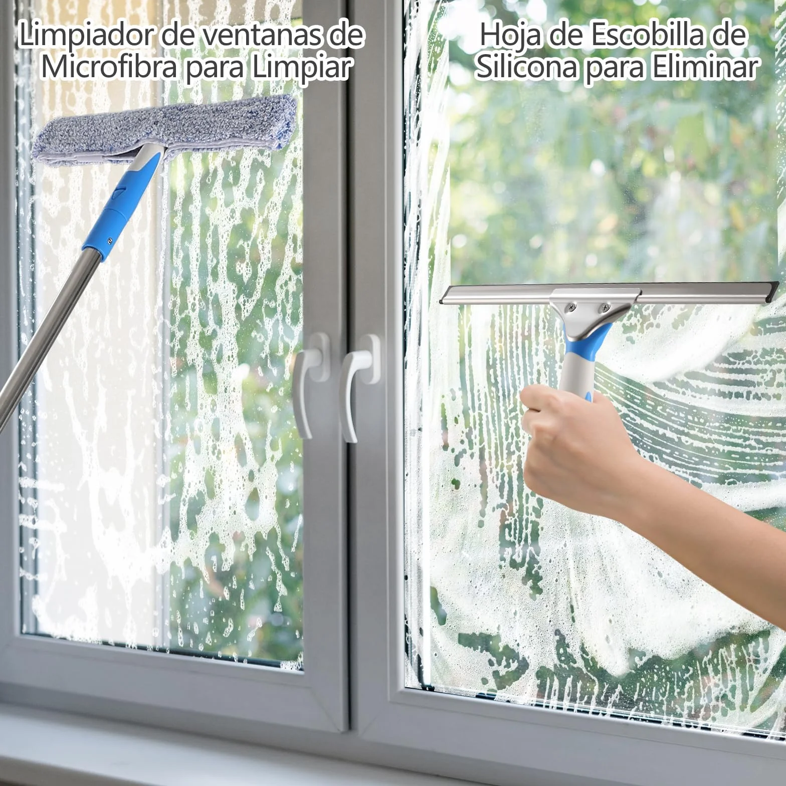 Mitclear Limpiacristales con Mango Extensible(196cm), Limpiador de Ventanas con Escobilla de Silicona & Paños de Microfibra, Kit de Limpieza de Cristales para Espejos Azulejos Coche Ducha Cristal