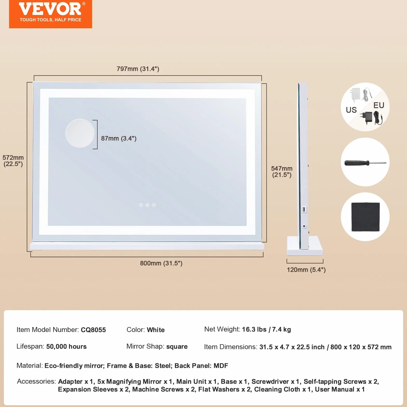 VEVOR Gran Espejo de Maquillaje Iluminado con Tres Modos de Iluminación de Color, LED Luces, Aumento de 5X, Puerto USB, Control Táctil Inteligente, Montaje en Pared de Escritorio, 800 x 120 x 572 mm