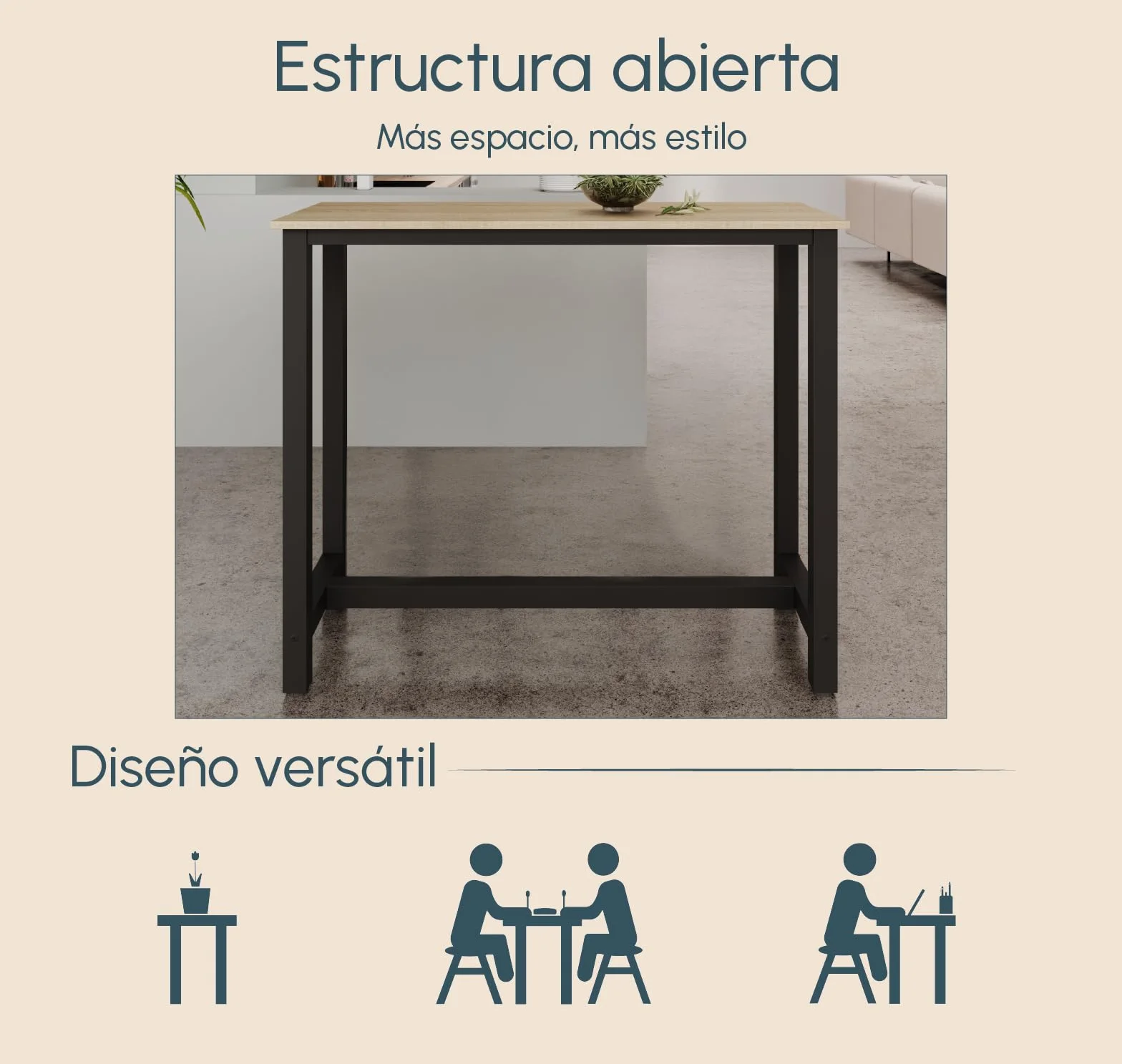 MB Muebles Bonitos | Mesa Alta de Cocina | Estilo Industrial | Modelo Ani | Barra de Cocina Estrecha y Desayunador | Patas de Metal y Melamina Mate | Color Negro | 120x100x40 cm