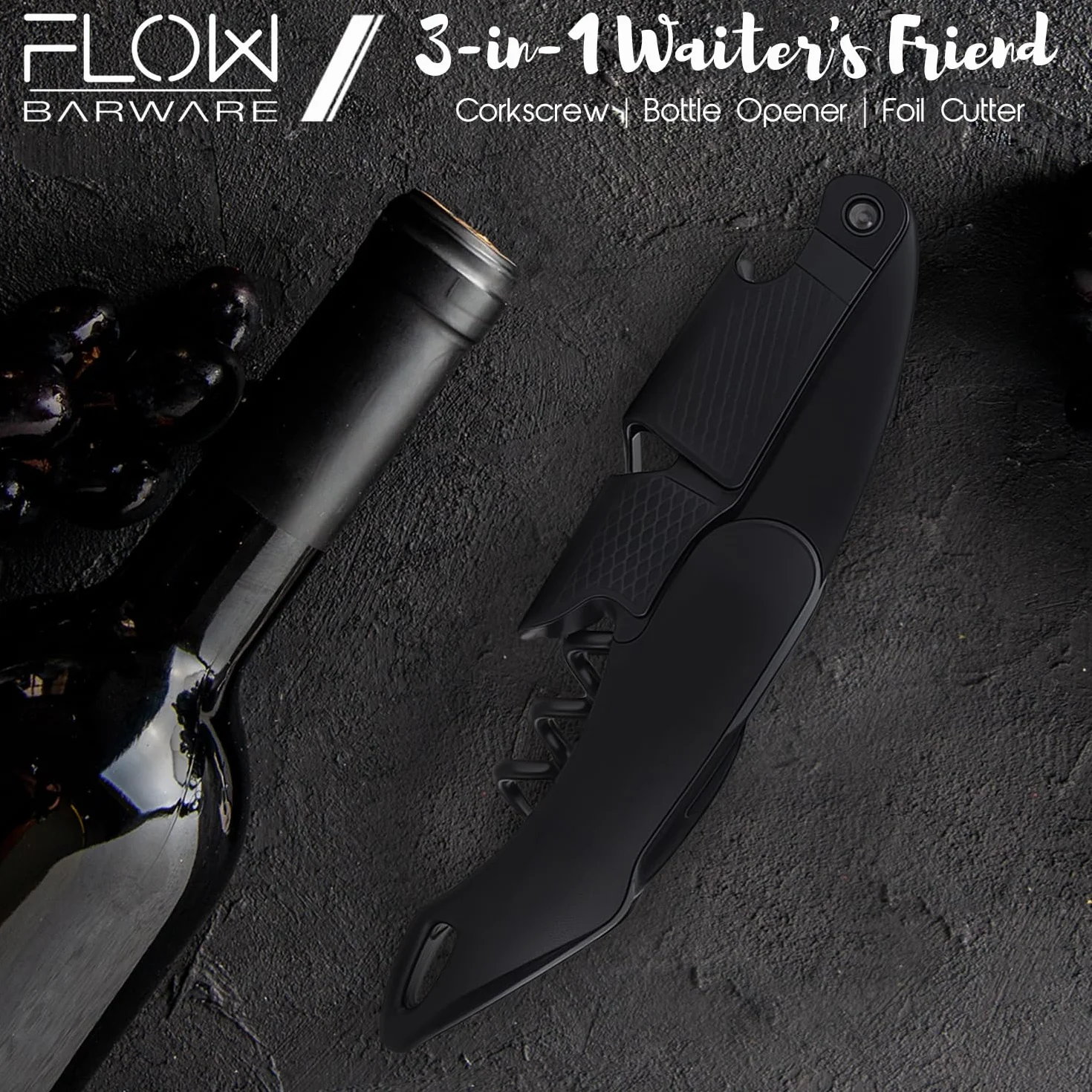 FLOW Barware Sacacorchos 3 en 1, Abrebotellas y Cortador de Aluminio, Abridor de Vino Multiusos, Negro
